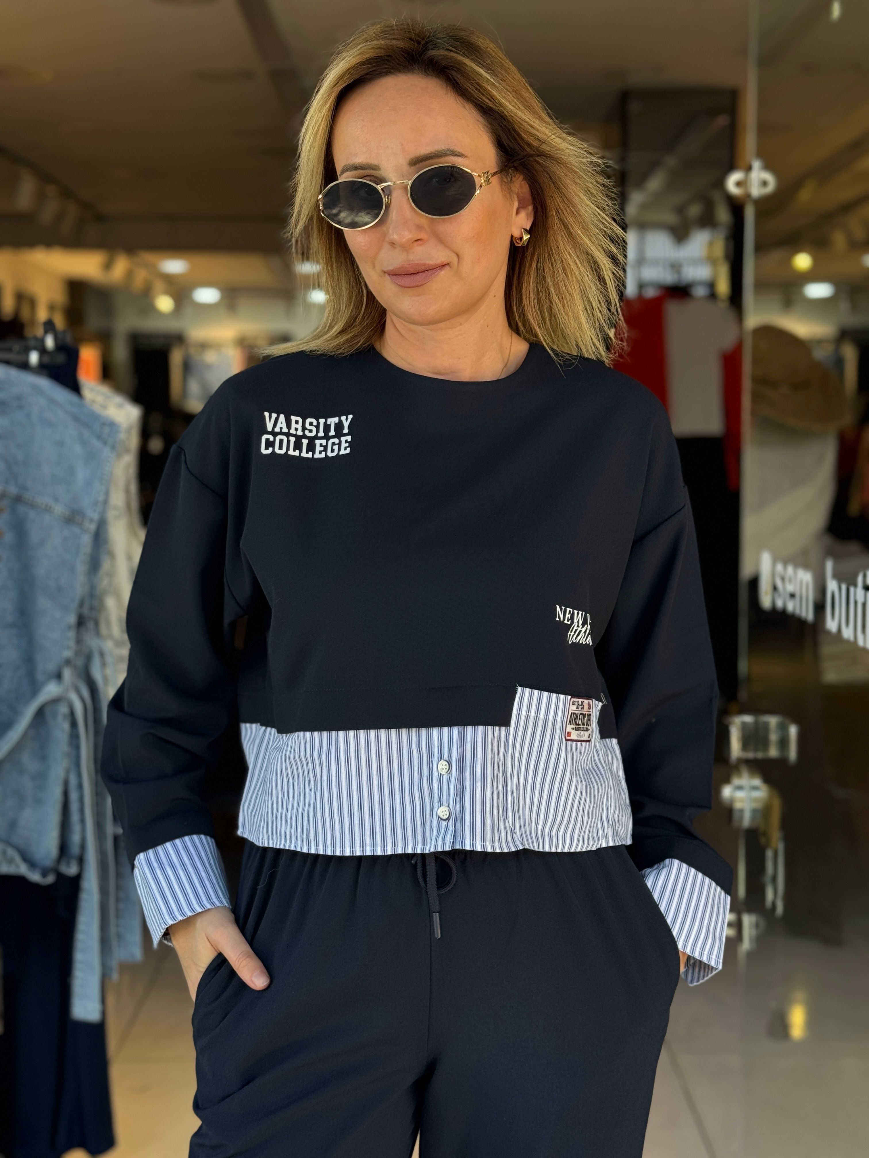 Garnili Nakışlı Lacivert Sweat