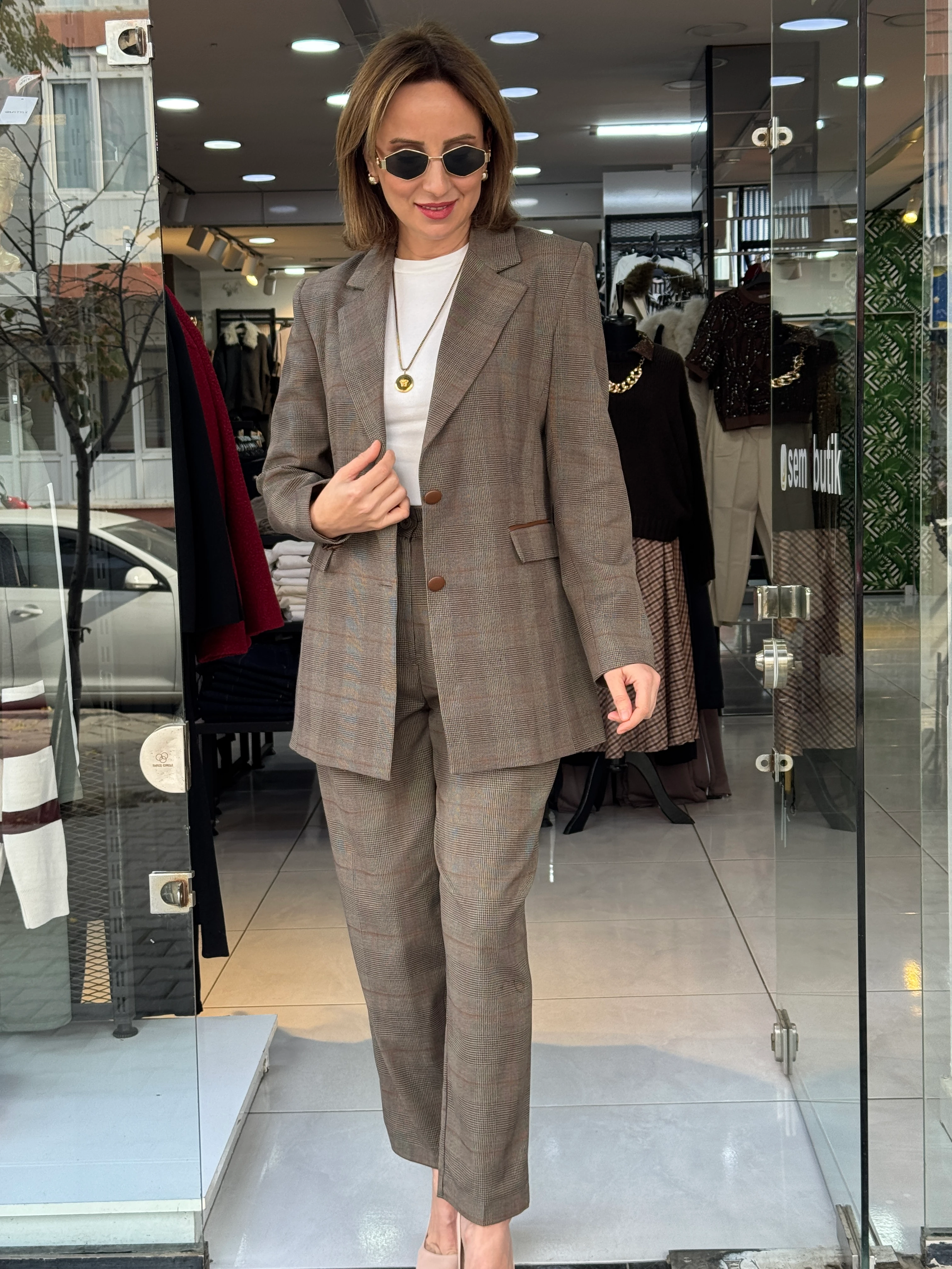 Ekose Blazer Ceketli Takım