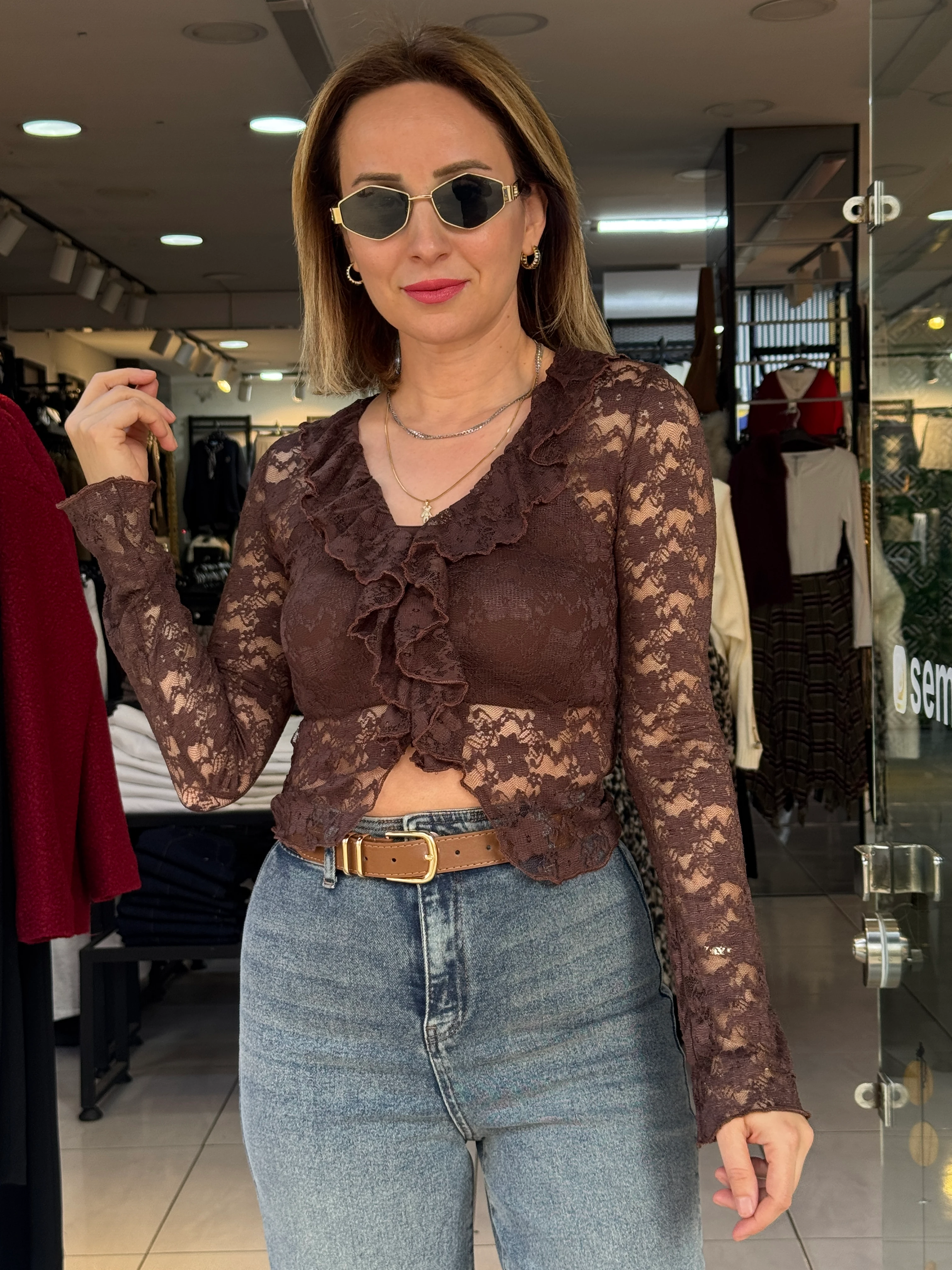 V Yaka Kahve Dantel Bluz