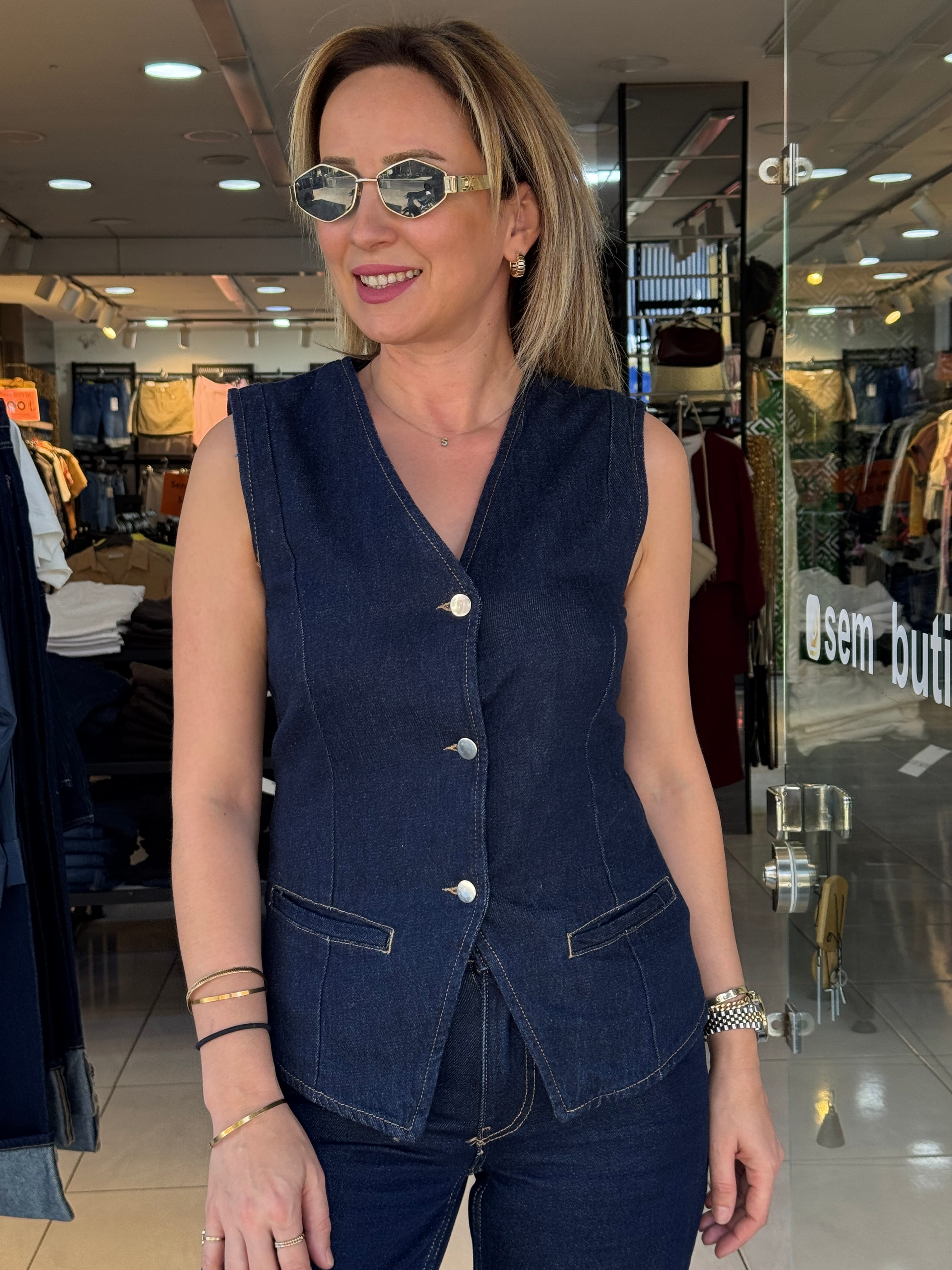 Ön Düğmeli Denim Yelek
