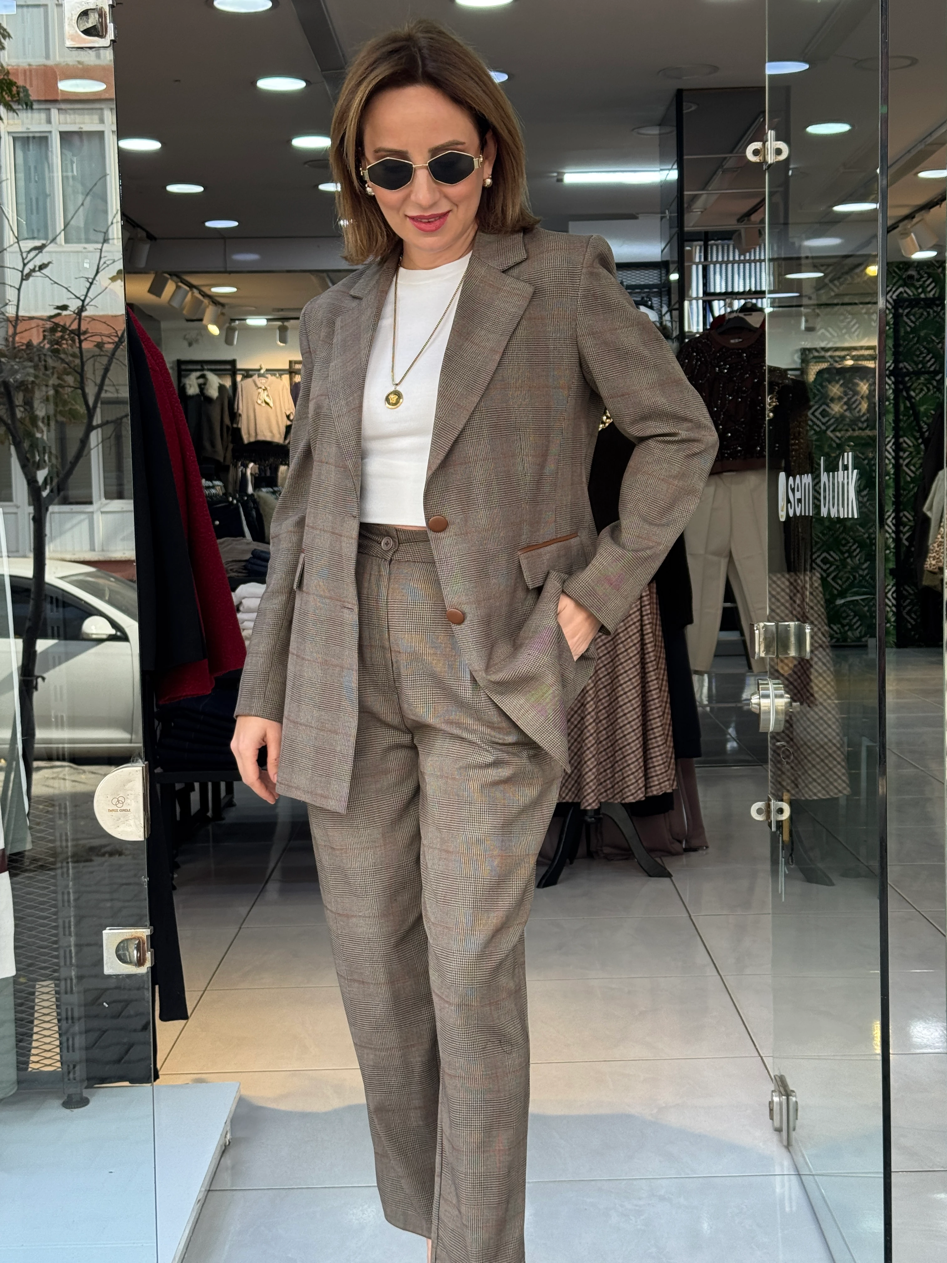 Ekose Blazer Ceketli Takım