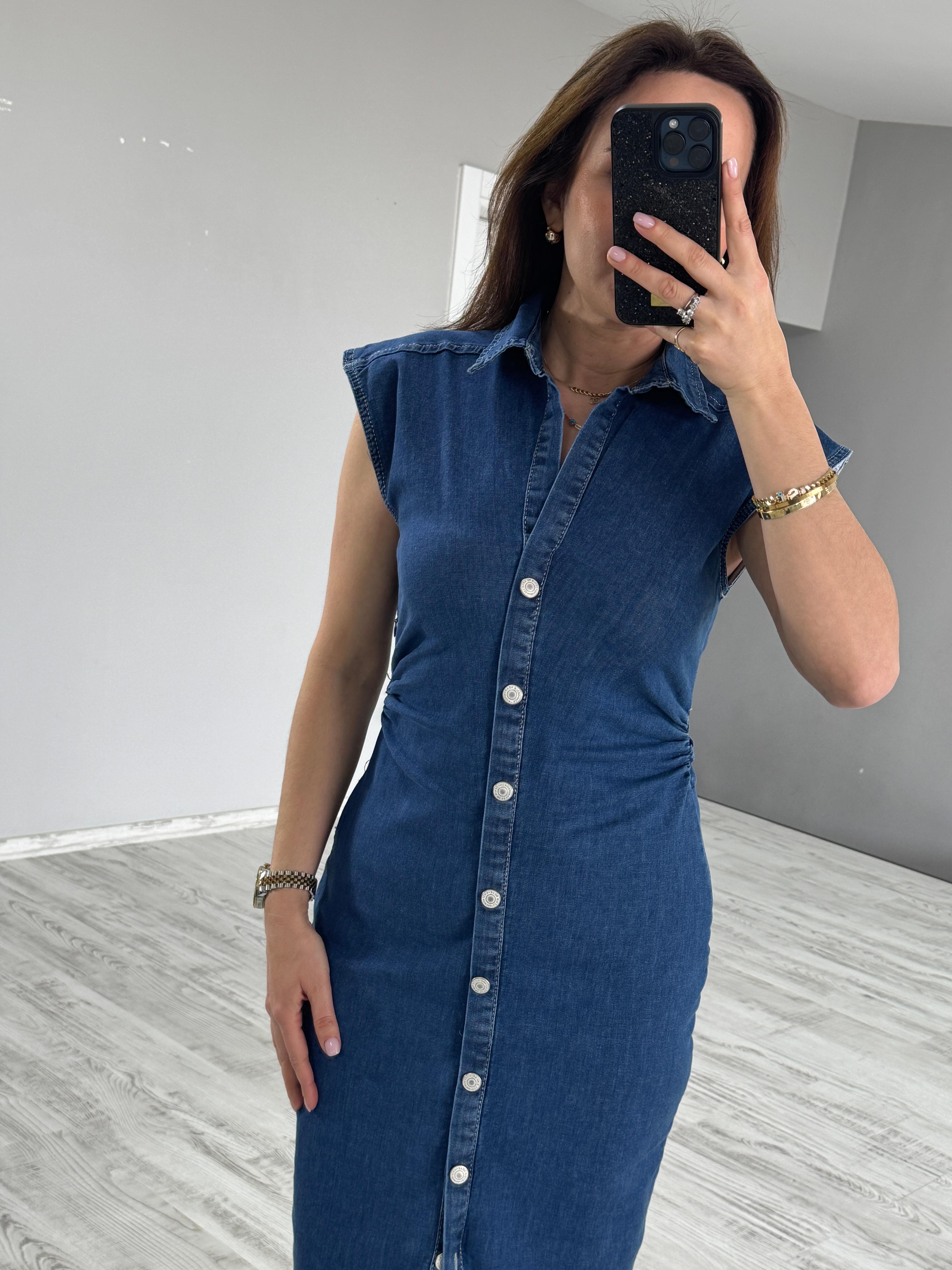 Düğme Detaylı Denim Elbise