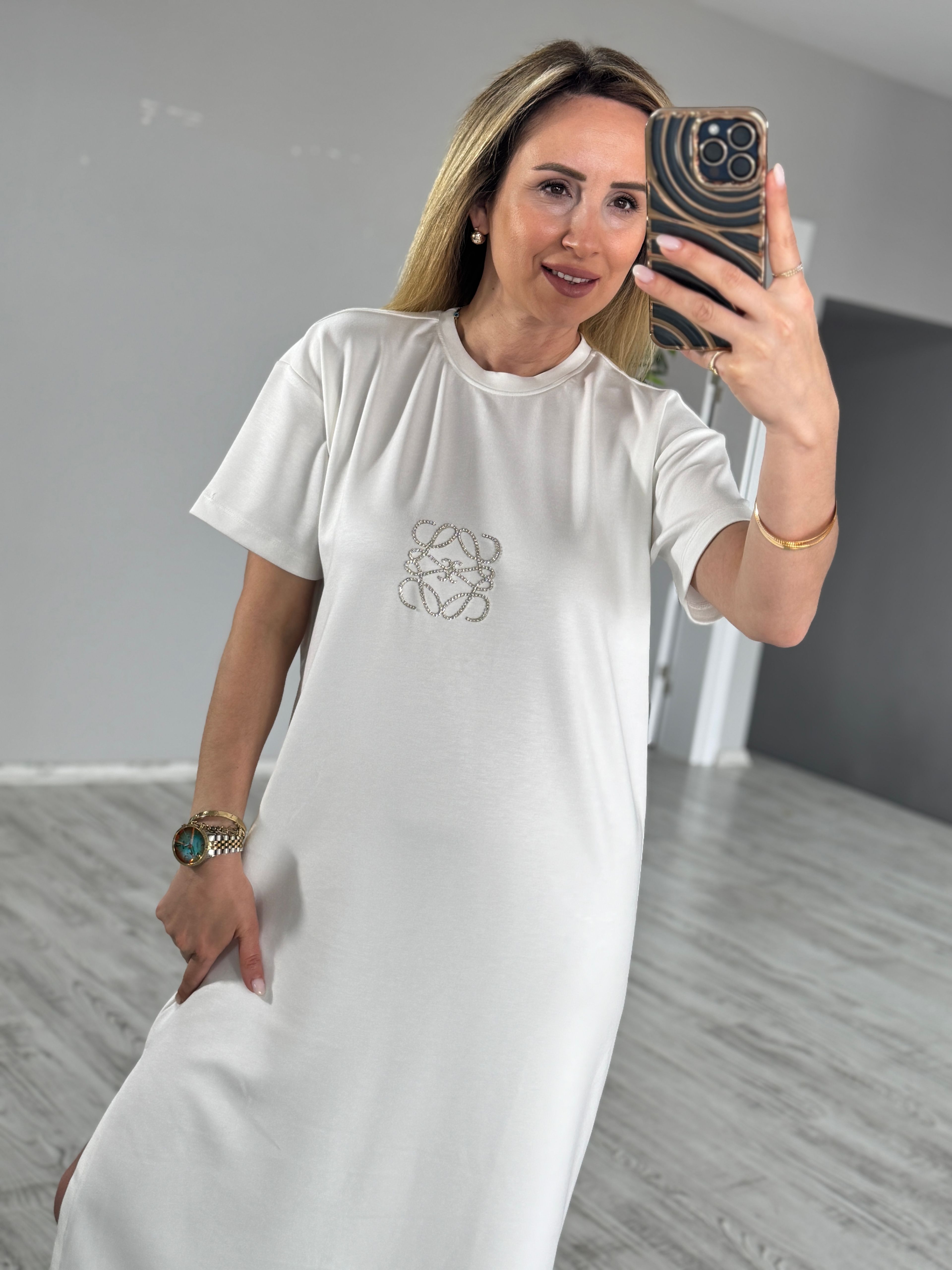 Beyaz Modal Ön Taş Detaylı Elbise