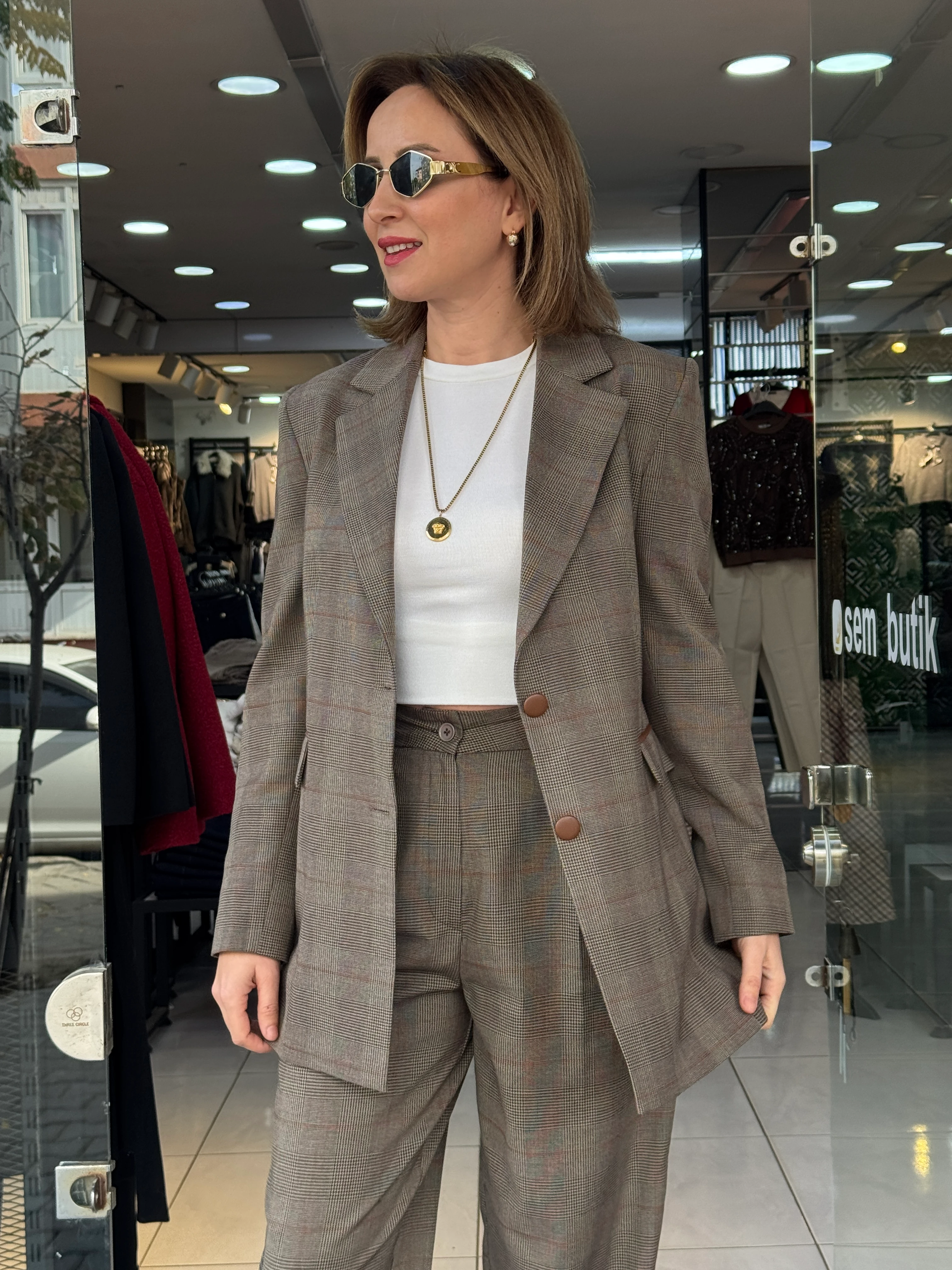 Ekose Blazer Ceketli Takım