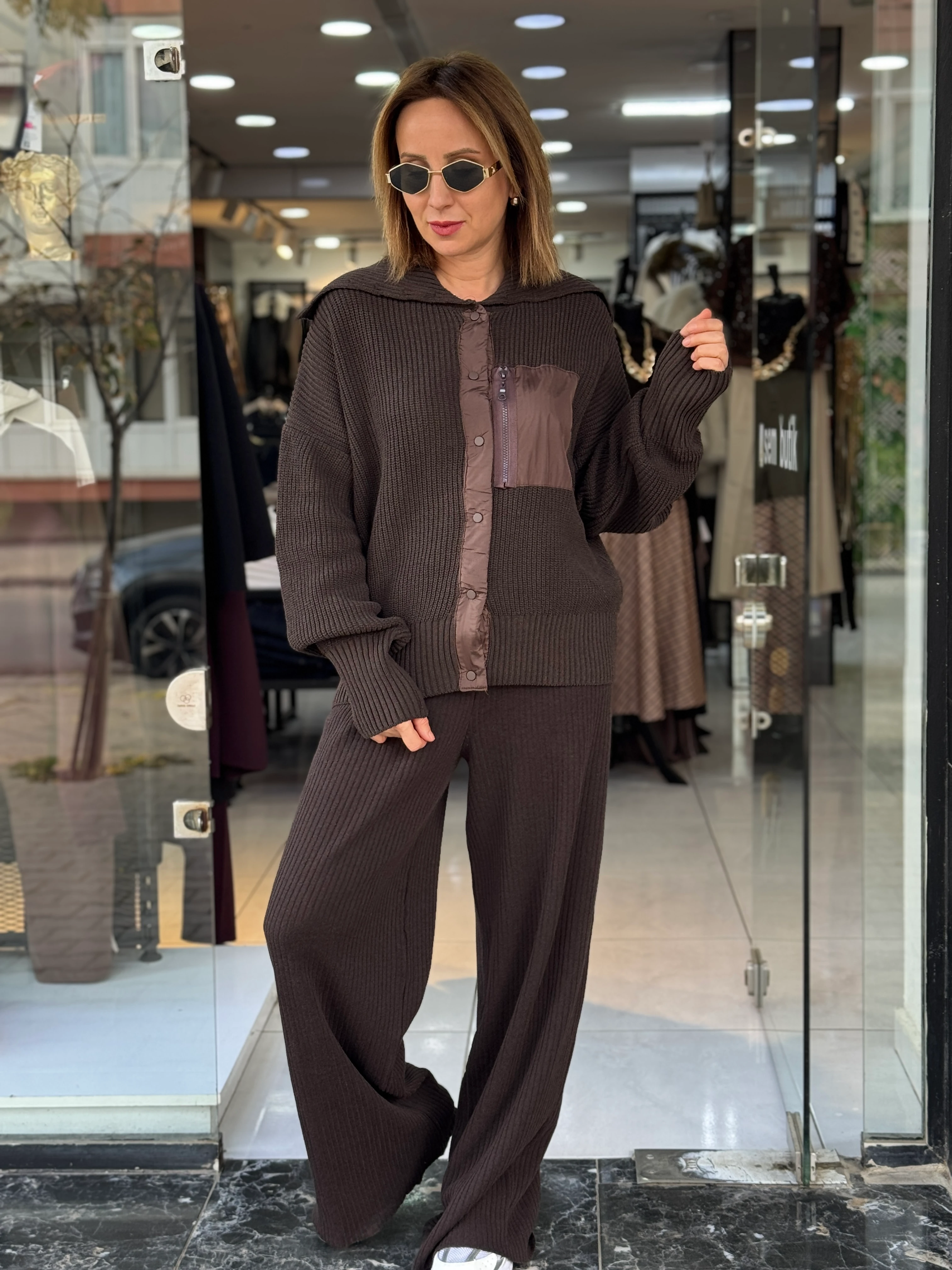 Paraşüt Detaylı Ceketli Triko Takım - Kahve