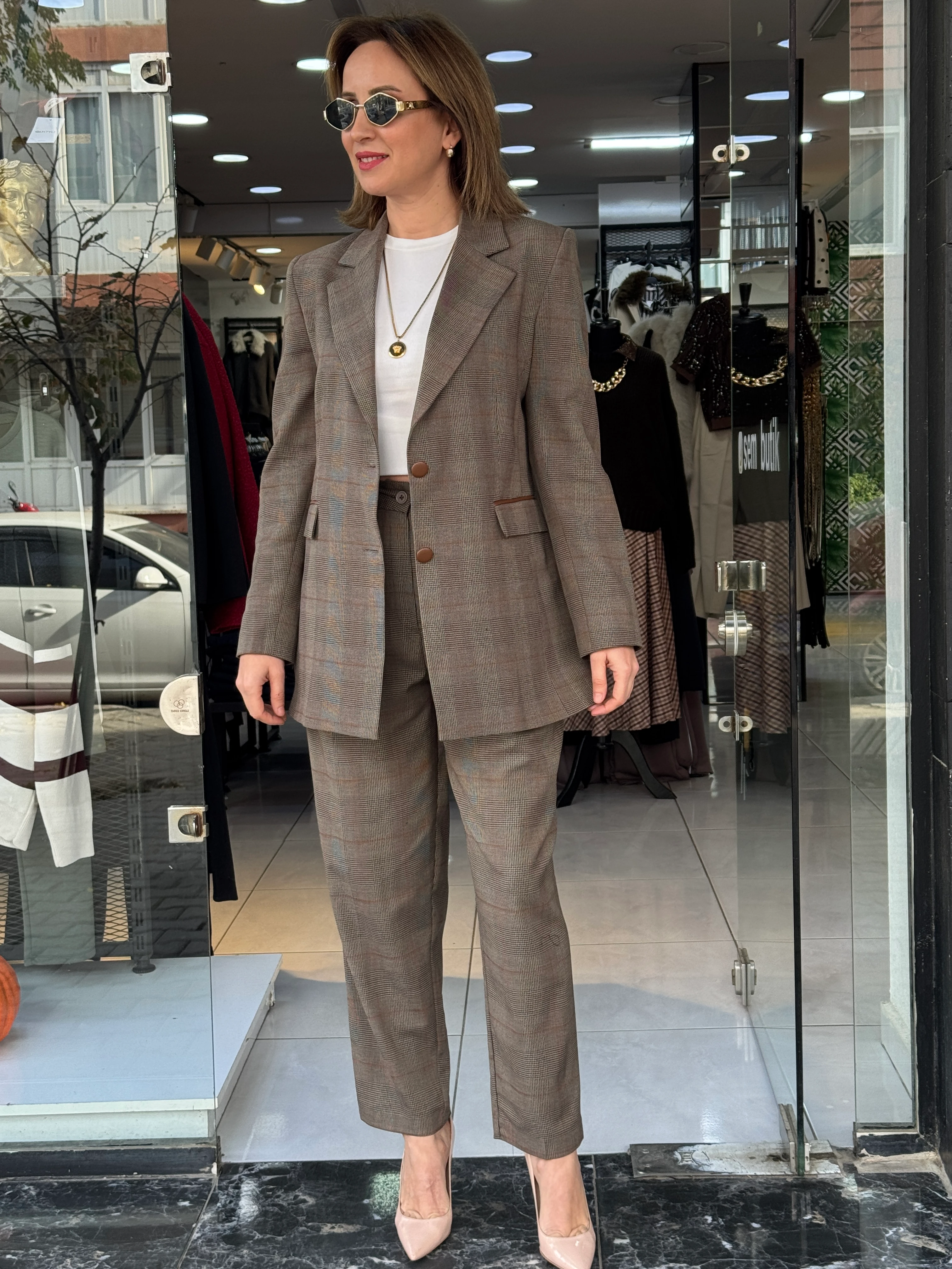 Ekose Blazer Ceketli Takım