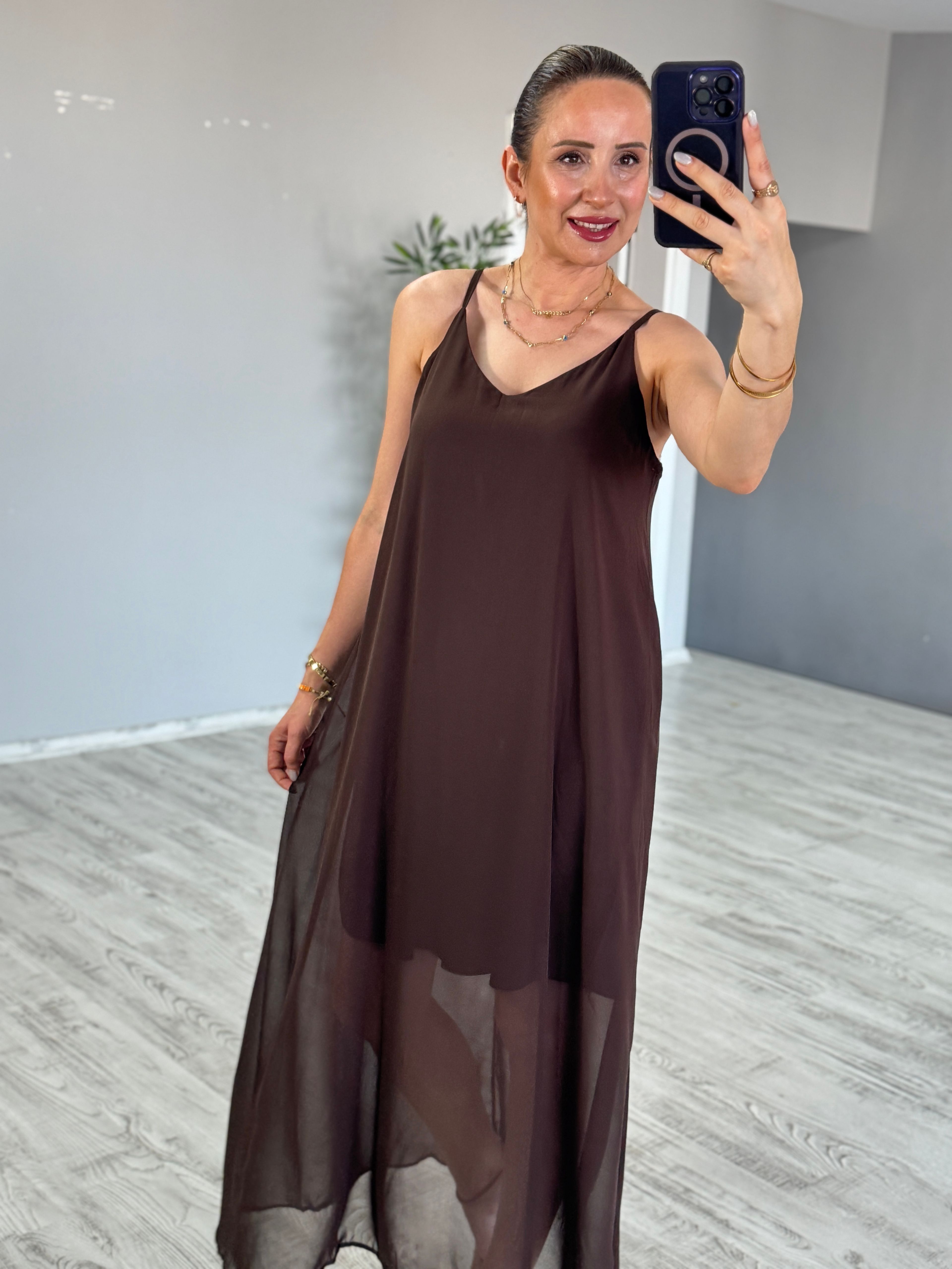 Kahve Şifon Elbise