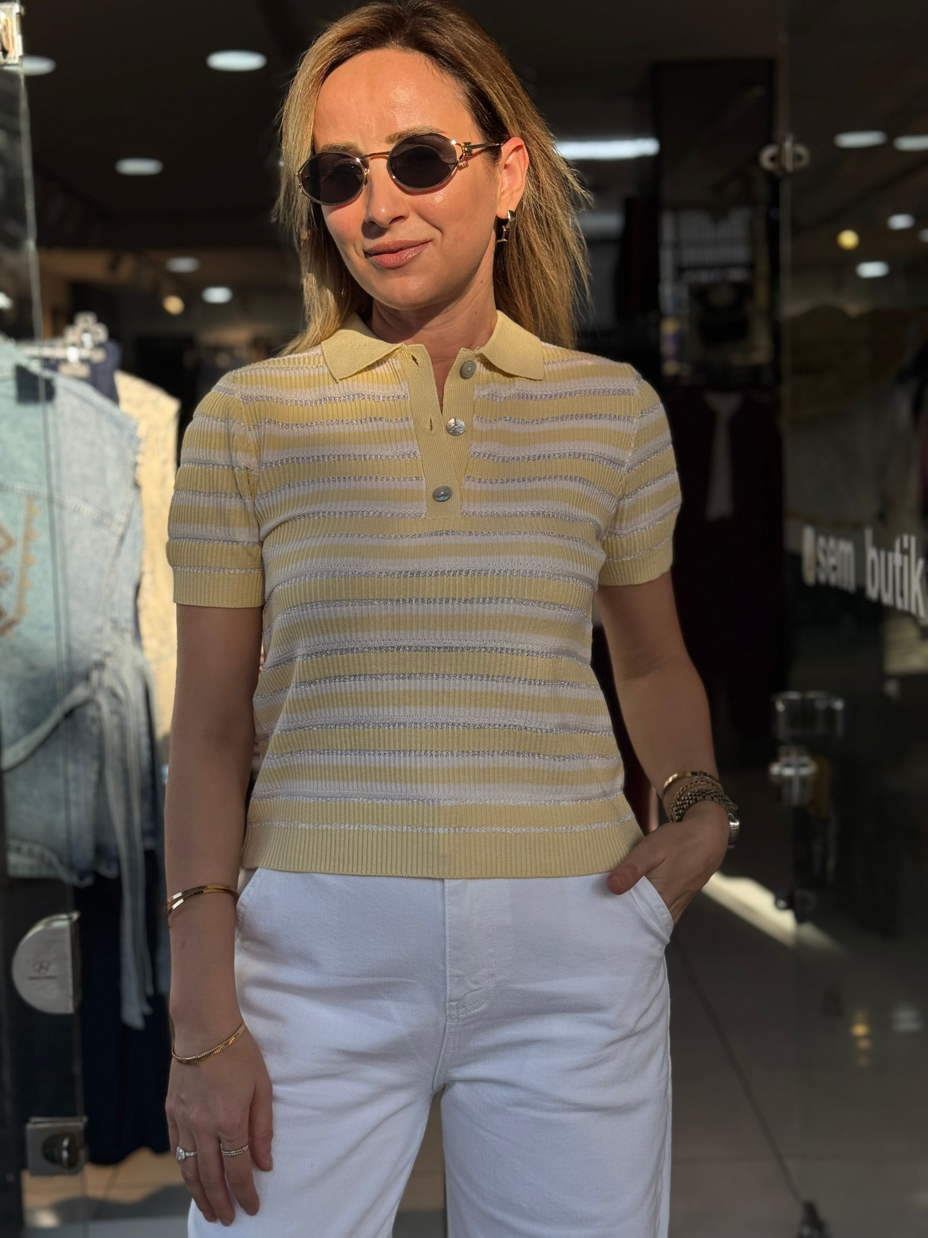Polo Yaka Çizgili Triko - Sarı
