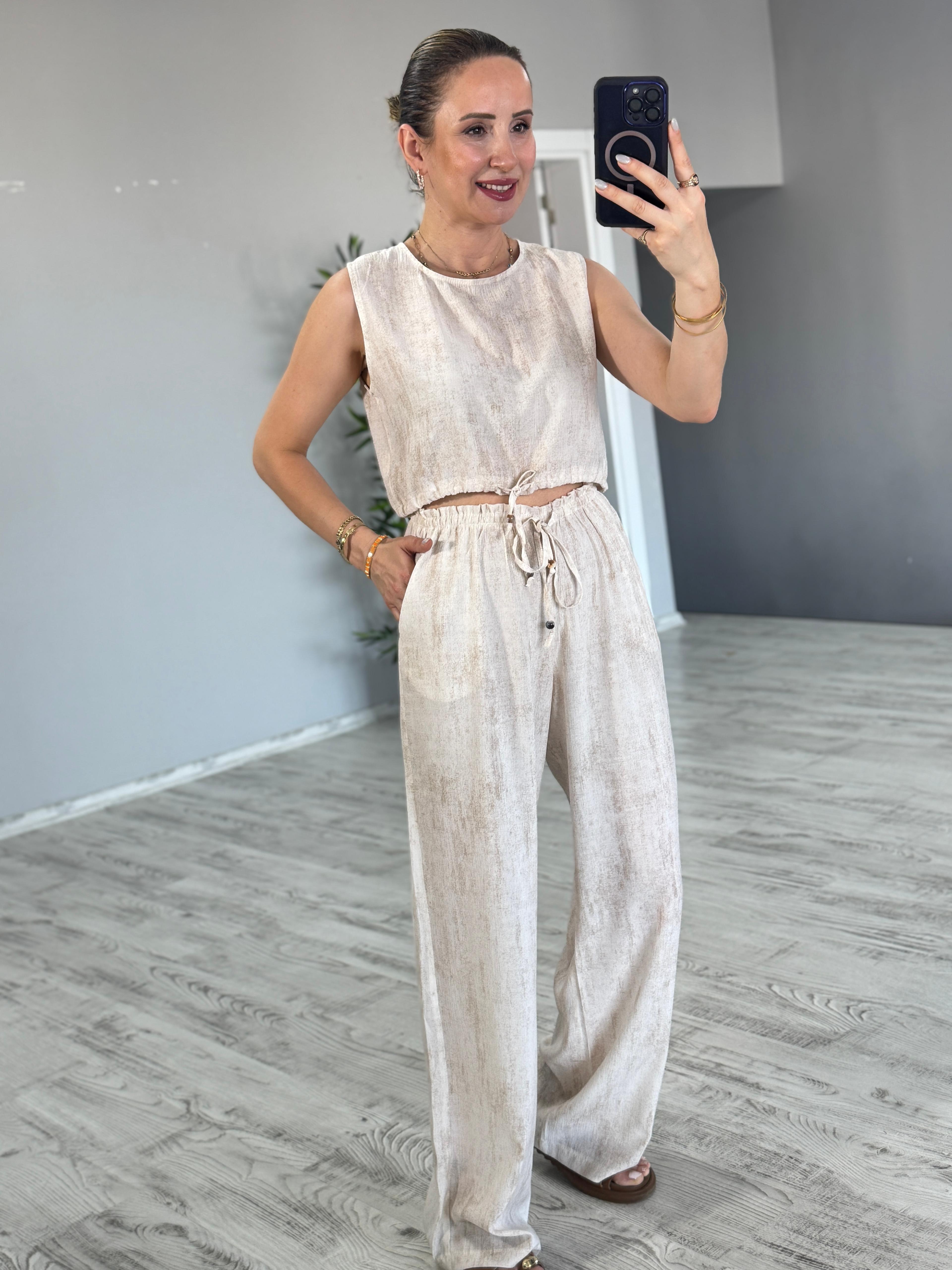 Natural Boncuklu Bluz Pantolon Takım