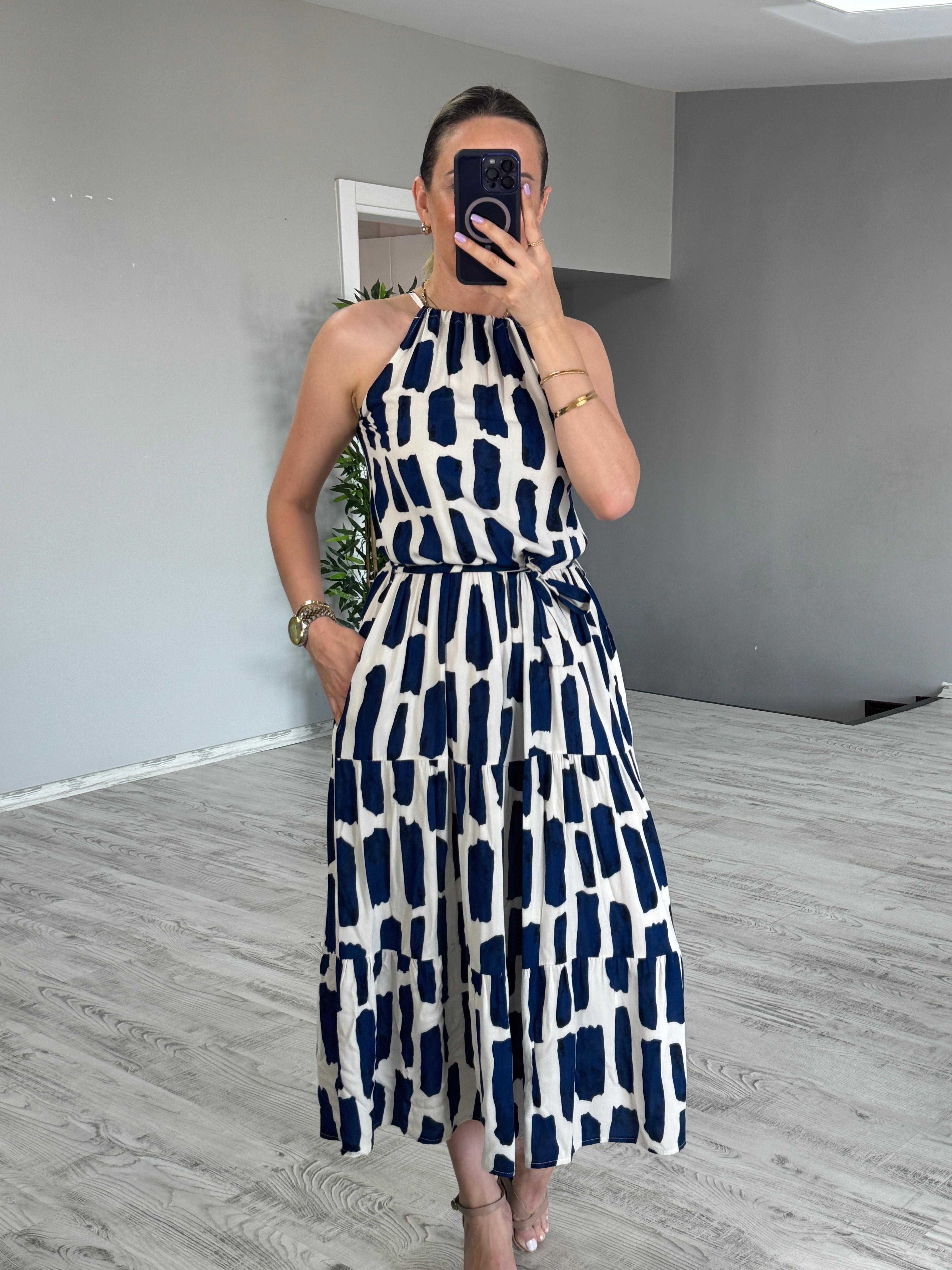 Halter Yaka Desenli Elbise - Lacivert
