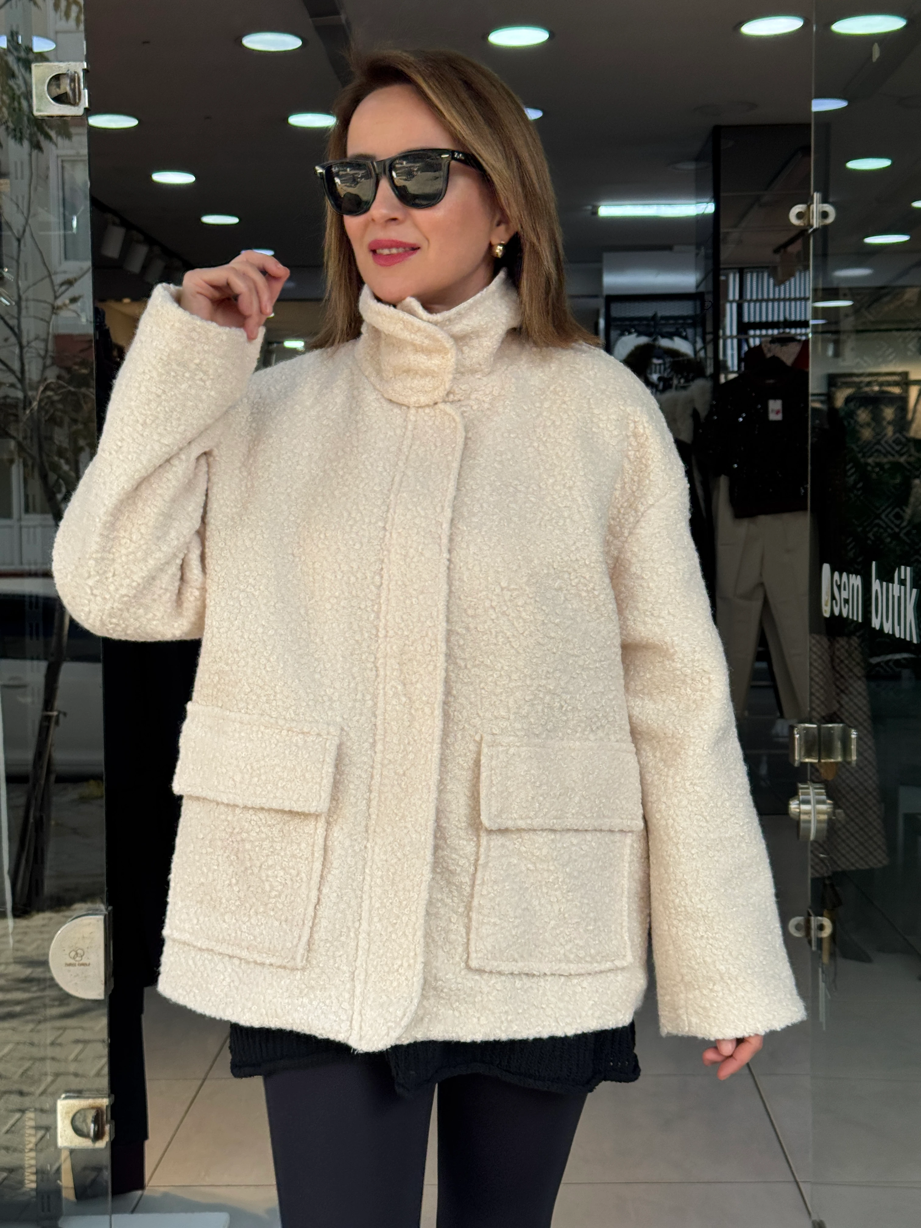 Ön Cep Detaylı Buklet Kaban - Ekru