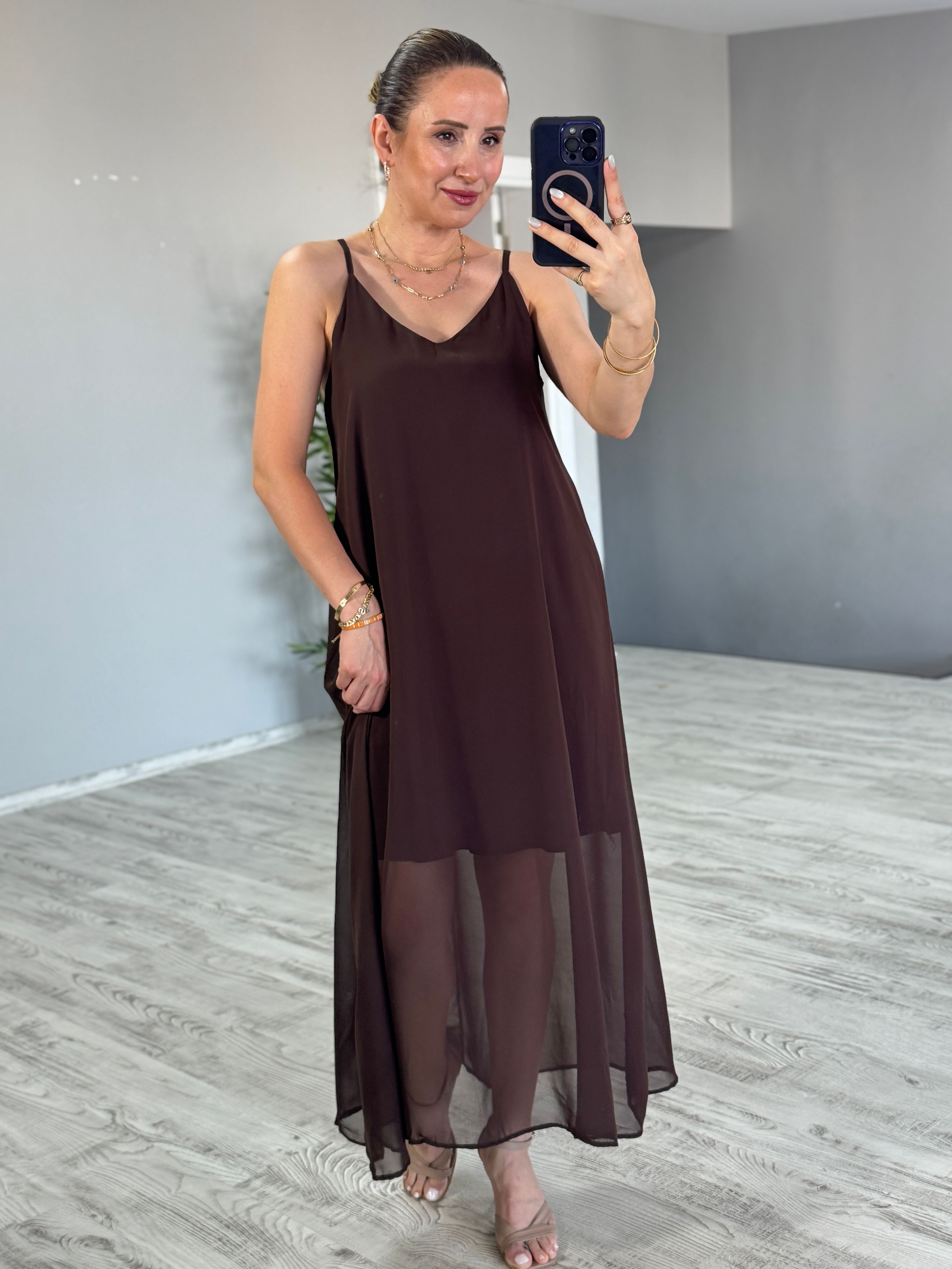 Kahve Şifon Elbise