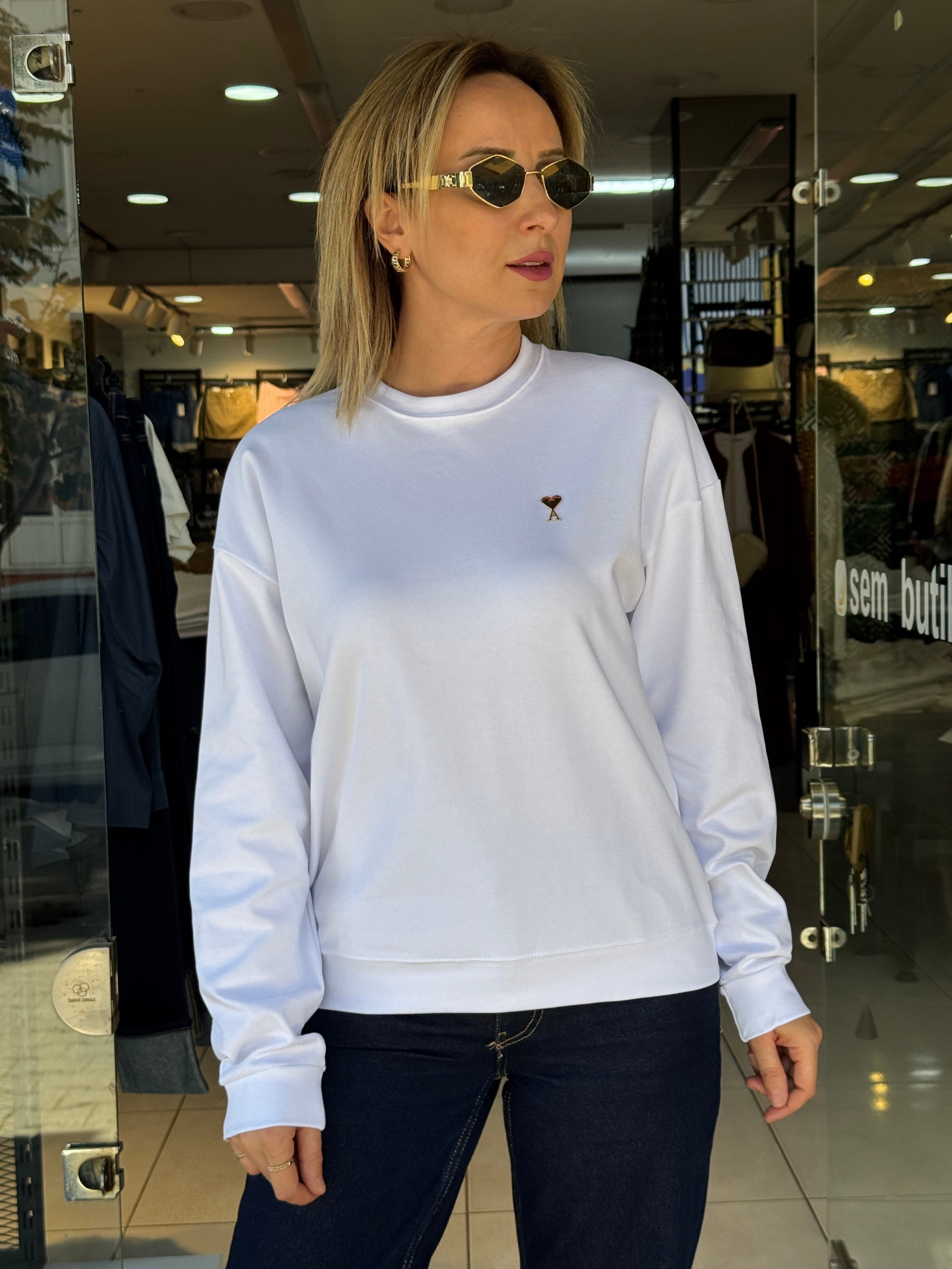Kalp Detaylı İki İplik Sweat - Beyaz