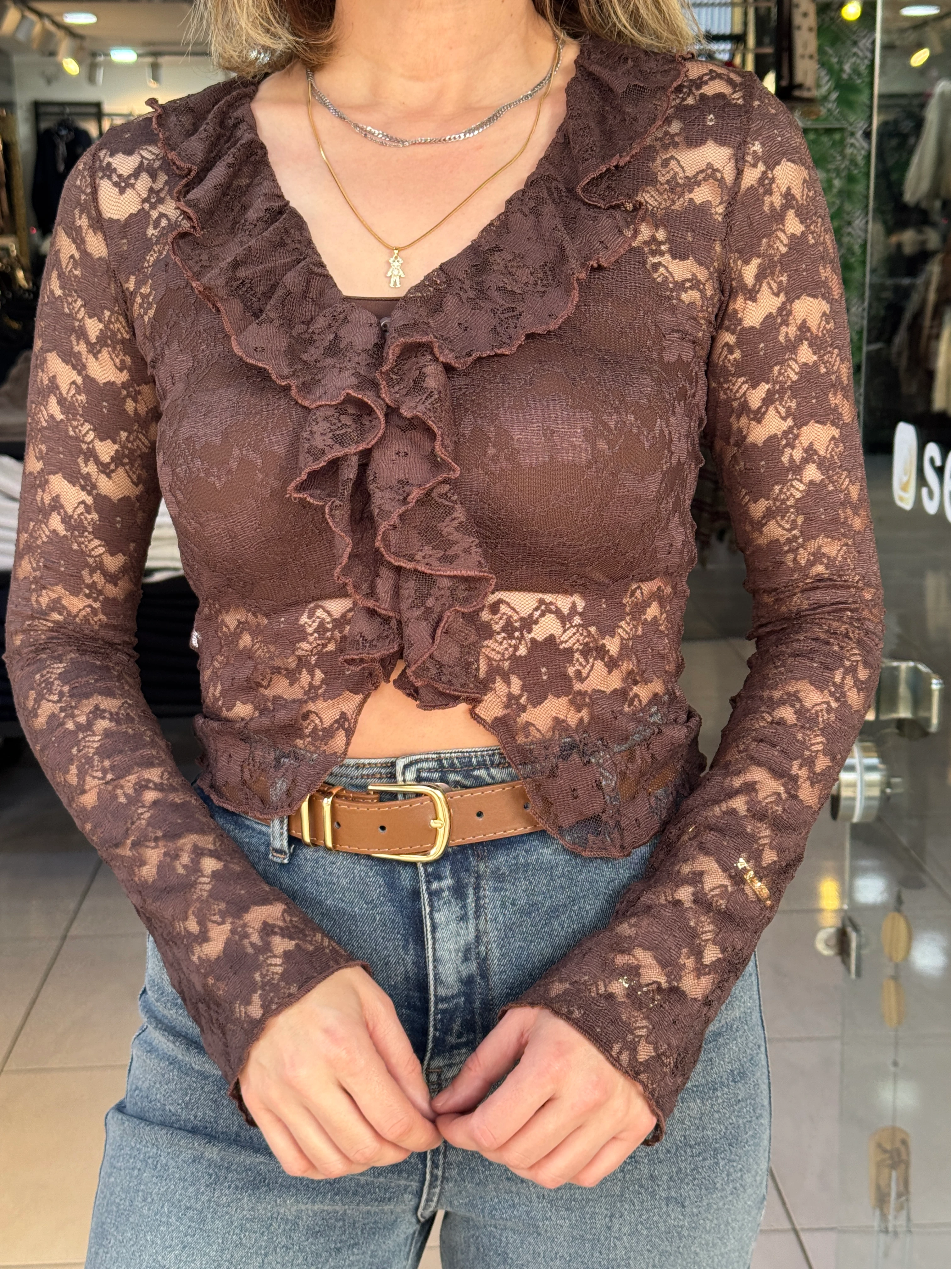 V Yaka Kahve Dantel Bluz