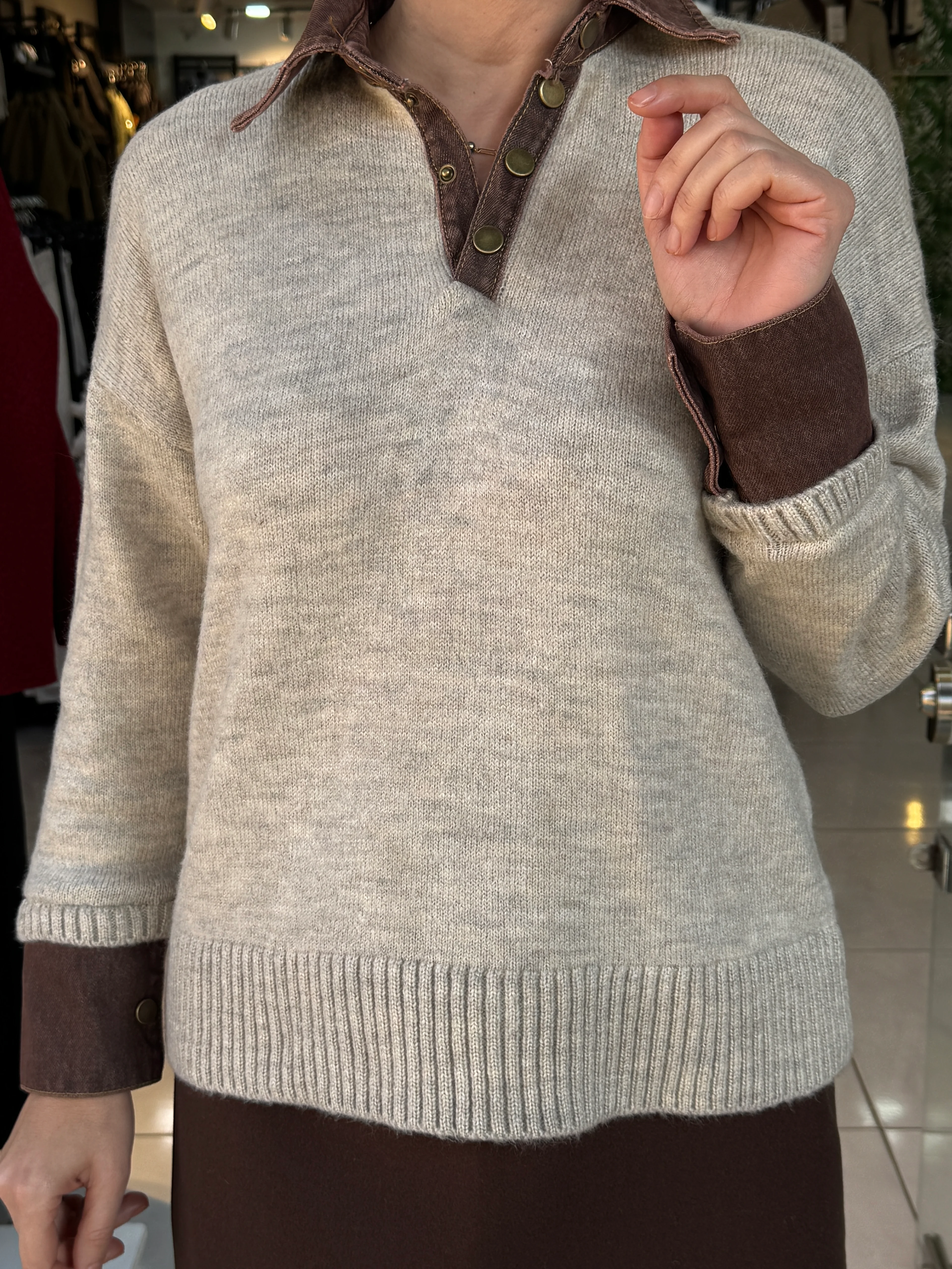 Polo Yaka Denim Detaylı Kazak