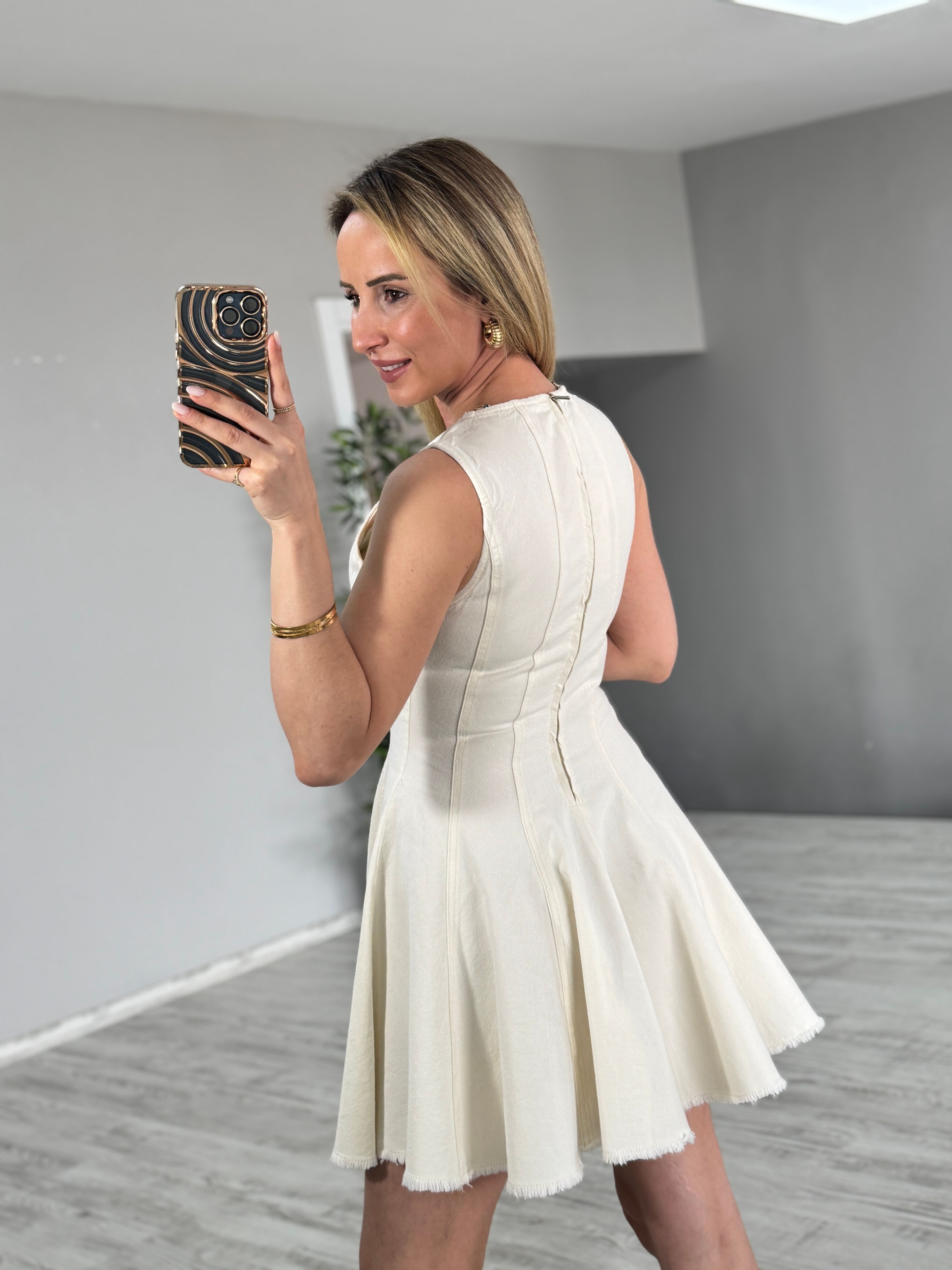 Natural Volanlı Denim Elbise