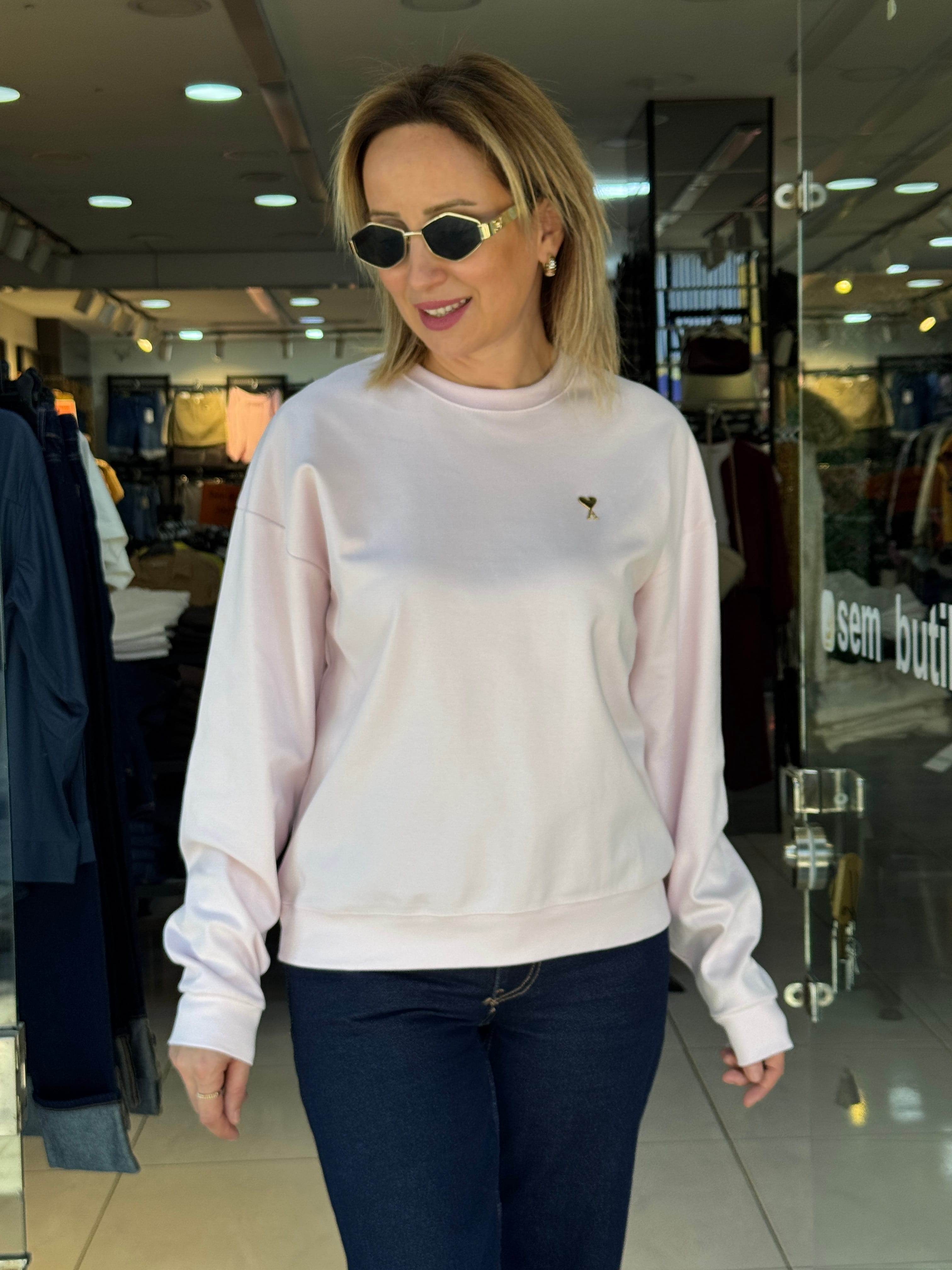 Kalp Detaylı İki İplik Sweat - Pembe