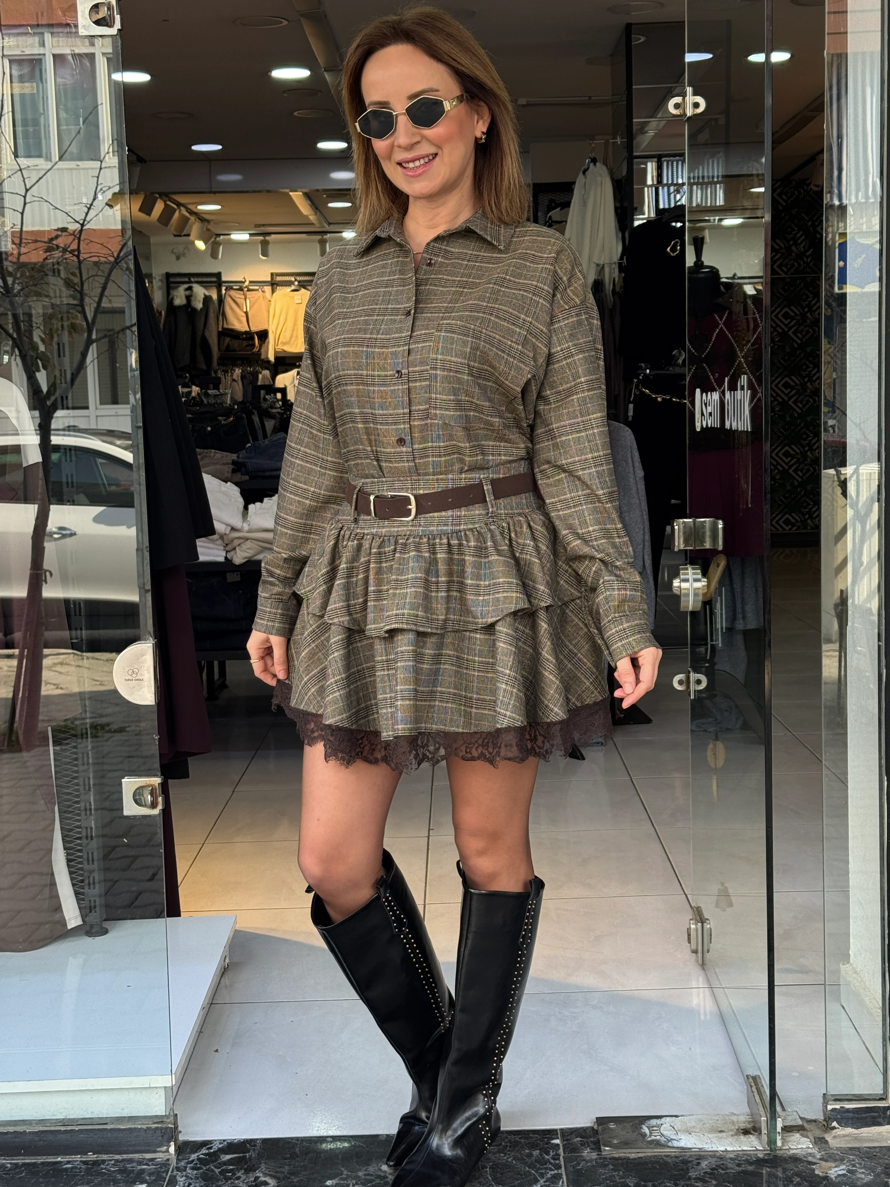 Kemerli Etekli Gömlek Takım