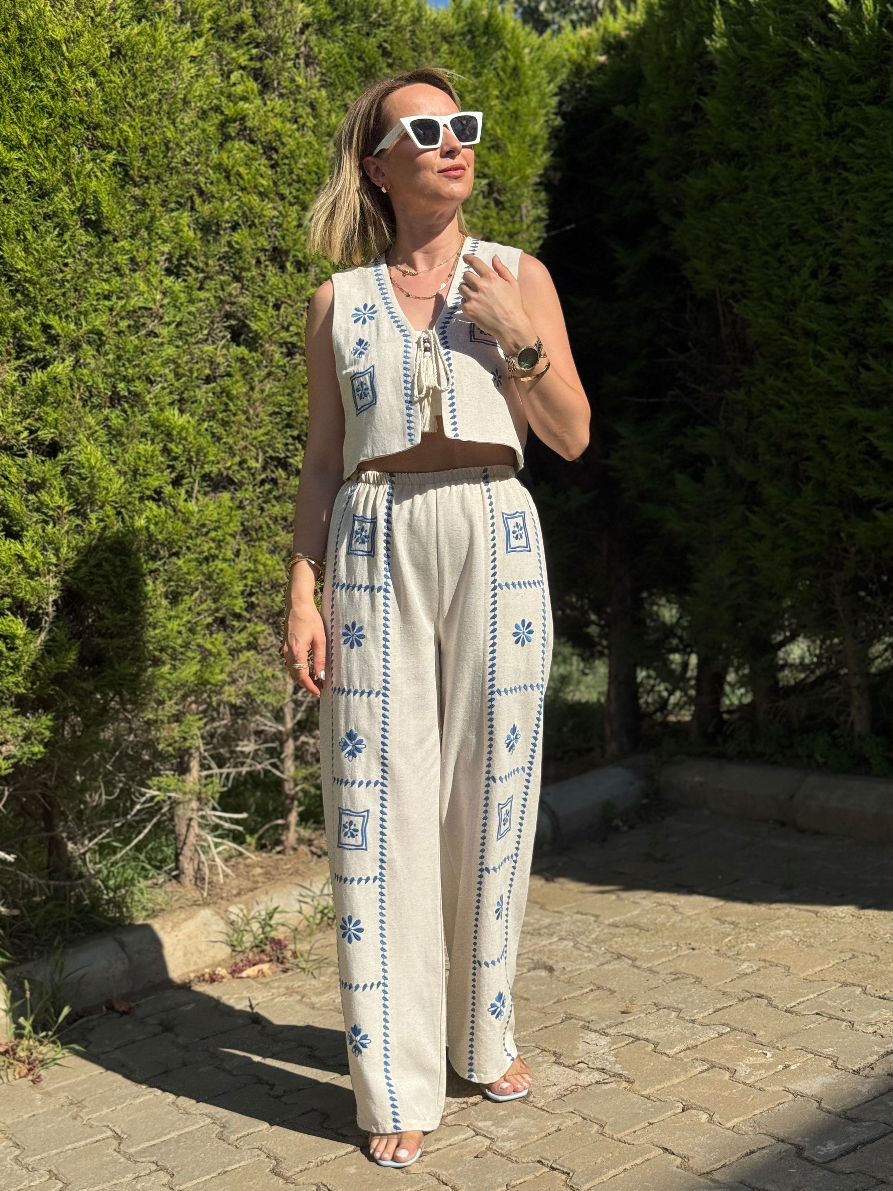 İşlemeli Natural Keten Pantolon