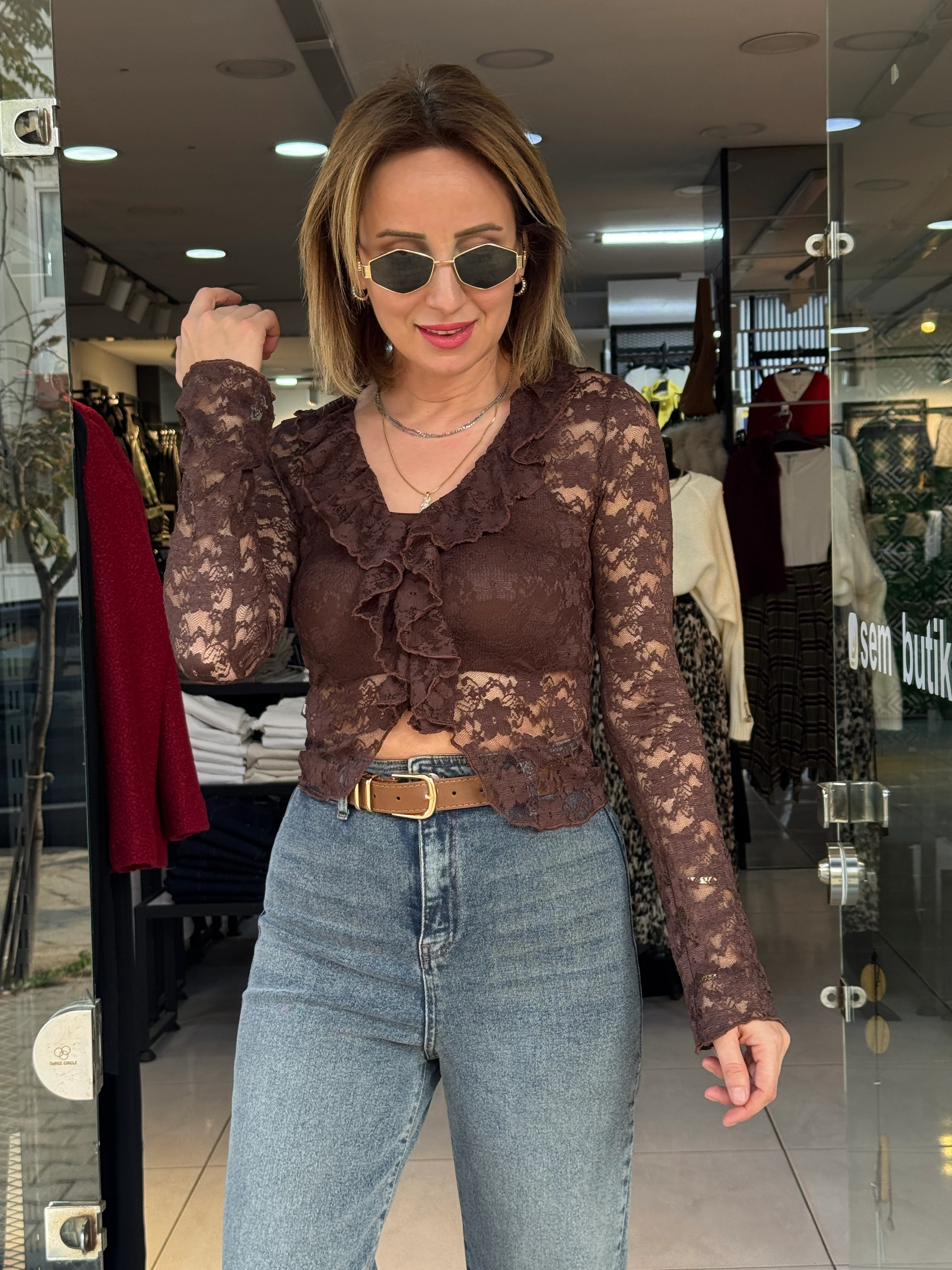 V Yaka Kahve Dantel Bluz