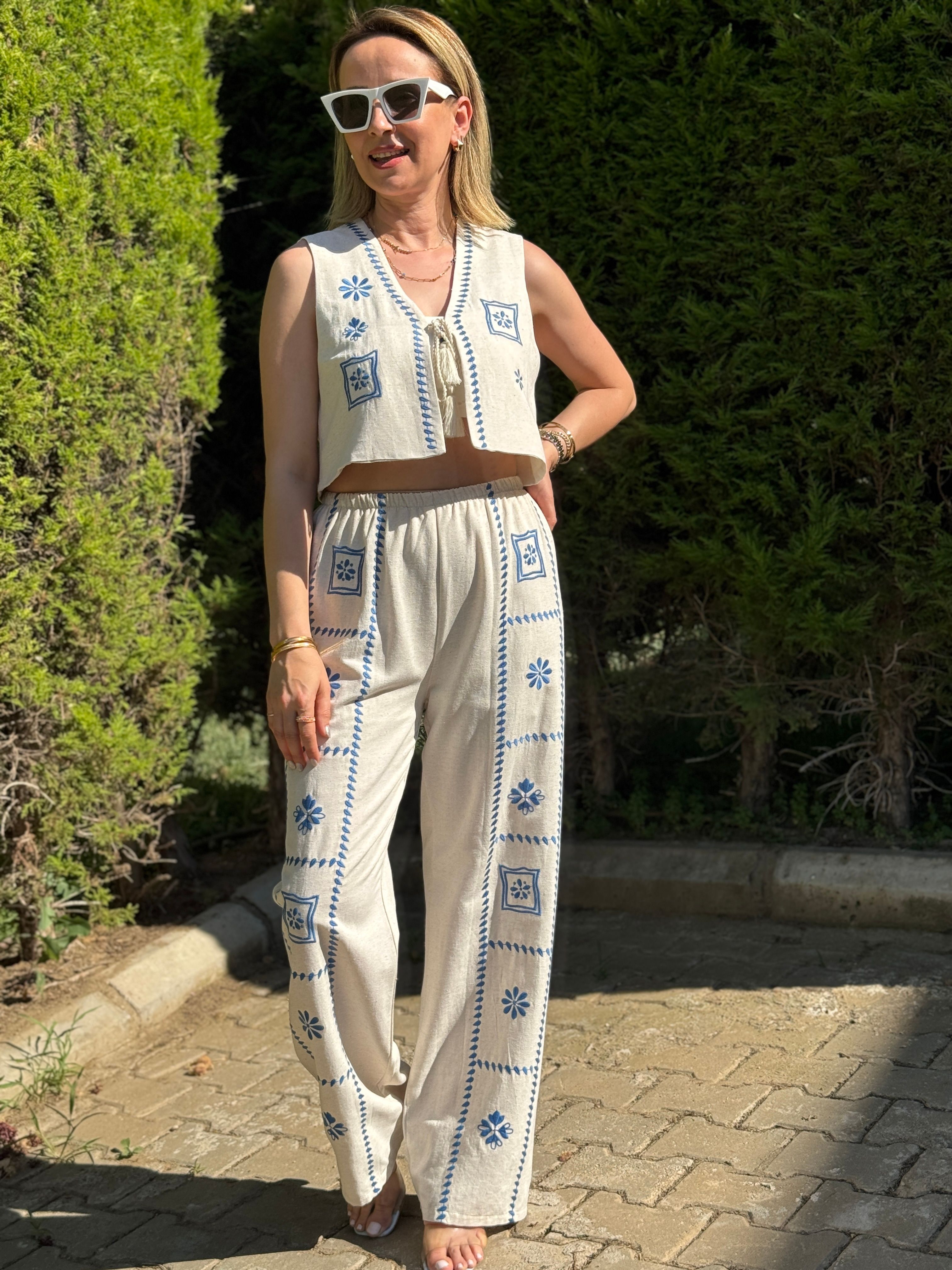 İşlemeli Natural Keten Pantolon