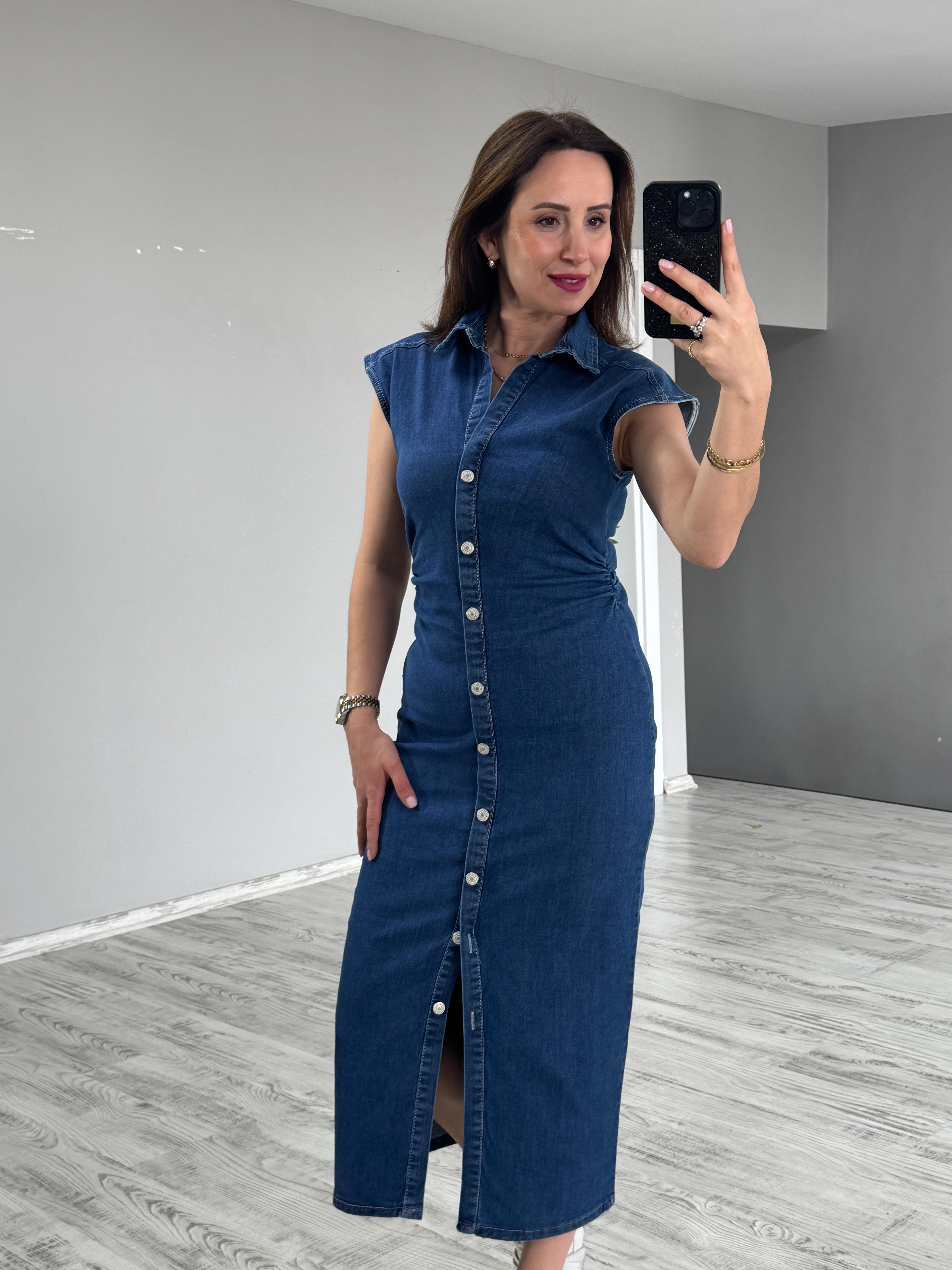 Düğme Detaylı Denim Elbise