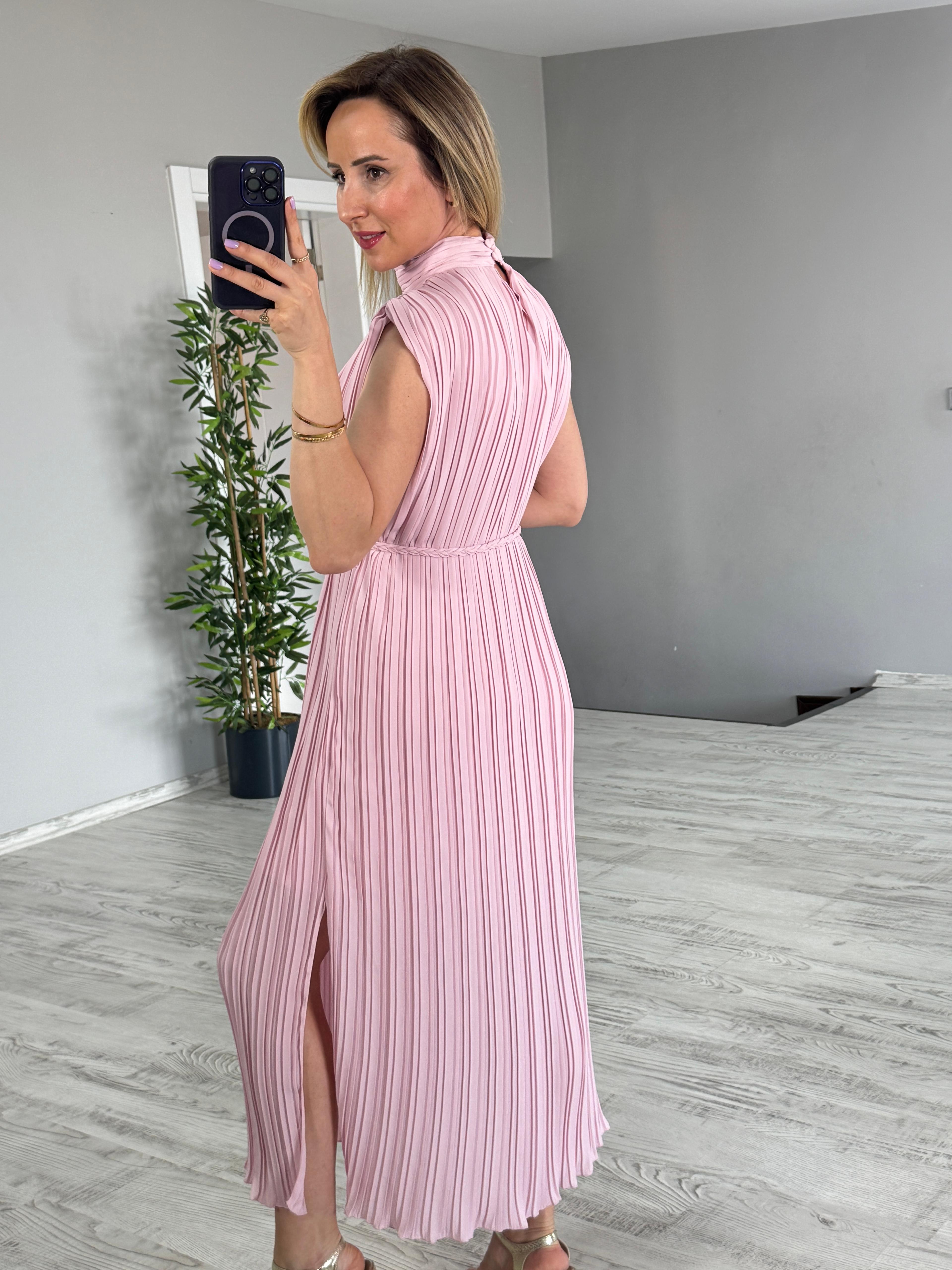 Pliseli Kemerli Toz Pembe Elbise