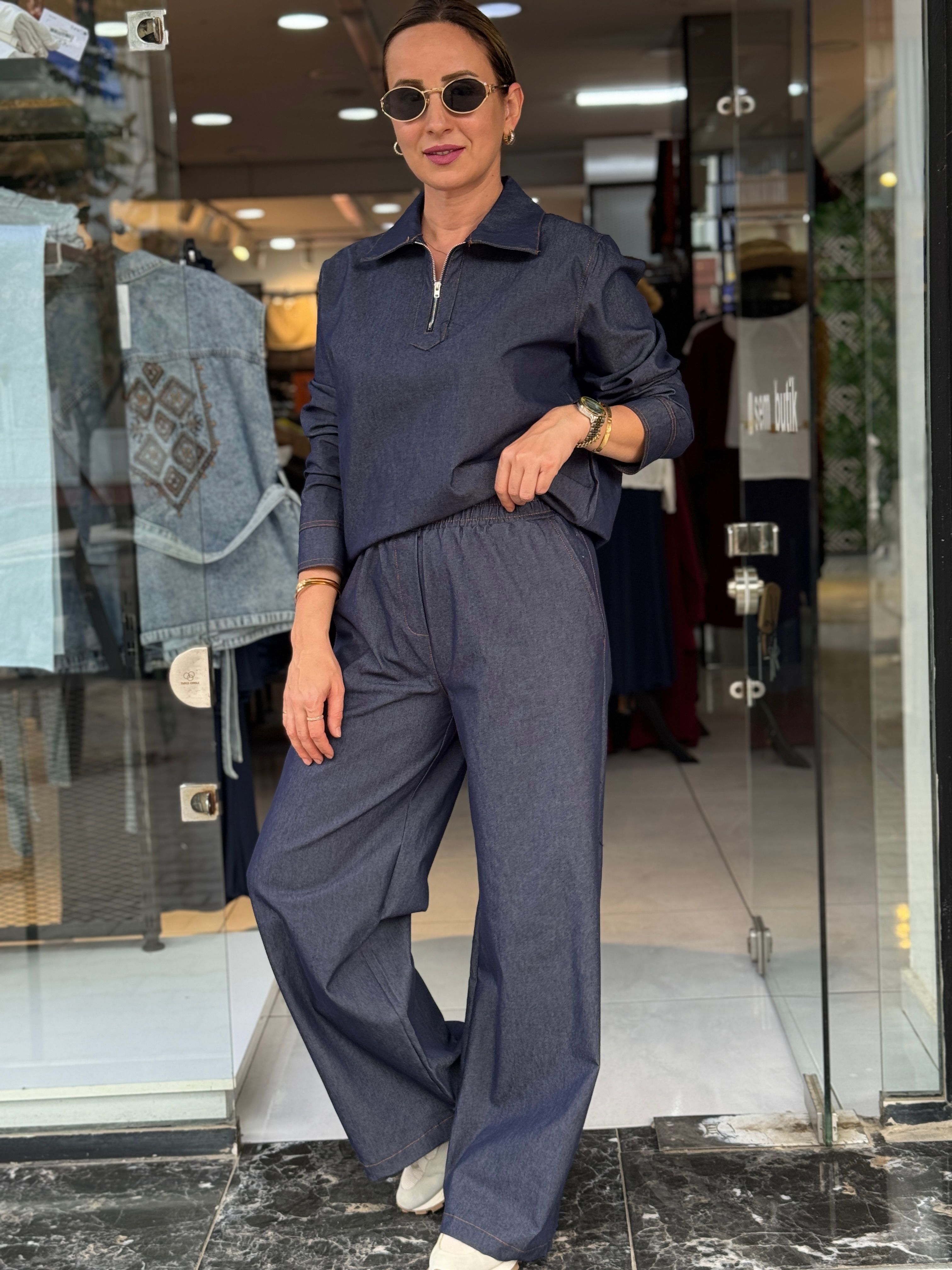 Yaka Fermuarlı Denim Takım