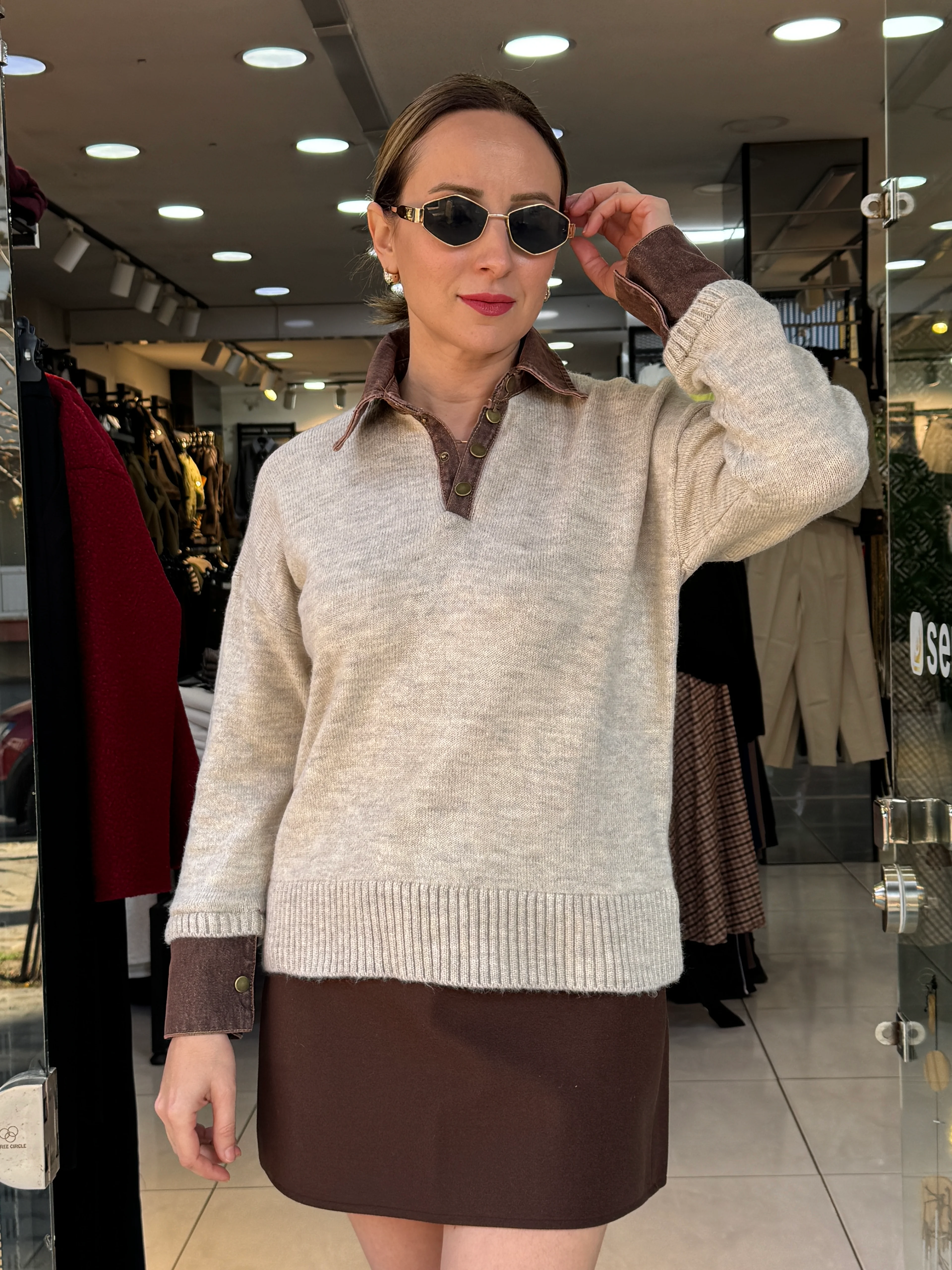 Polo Yaka Denim Detaylı Kazak