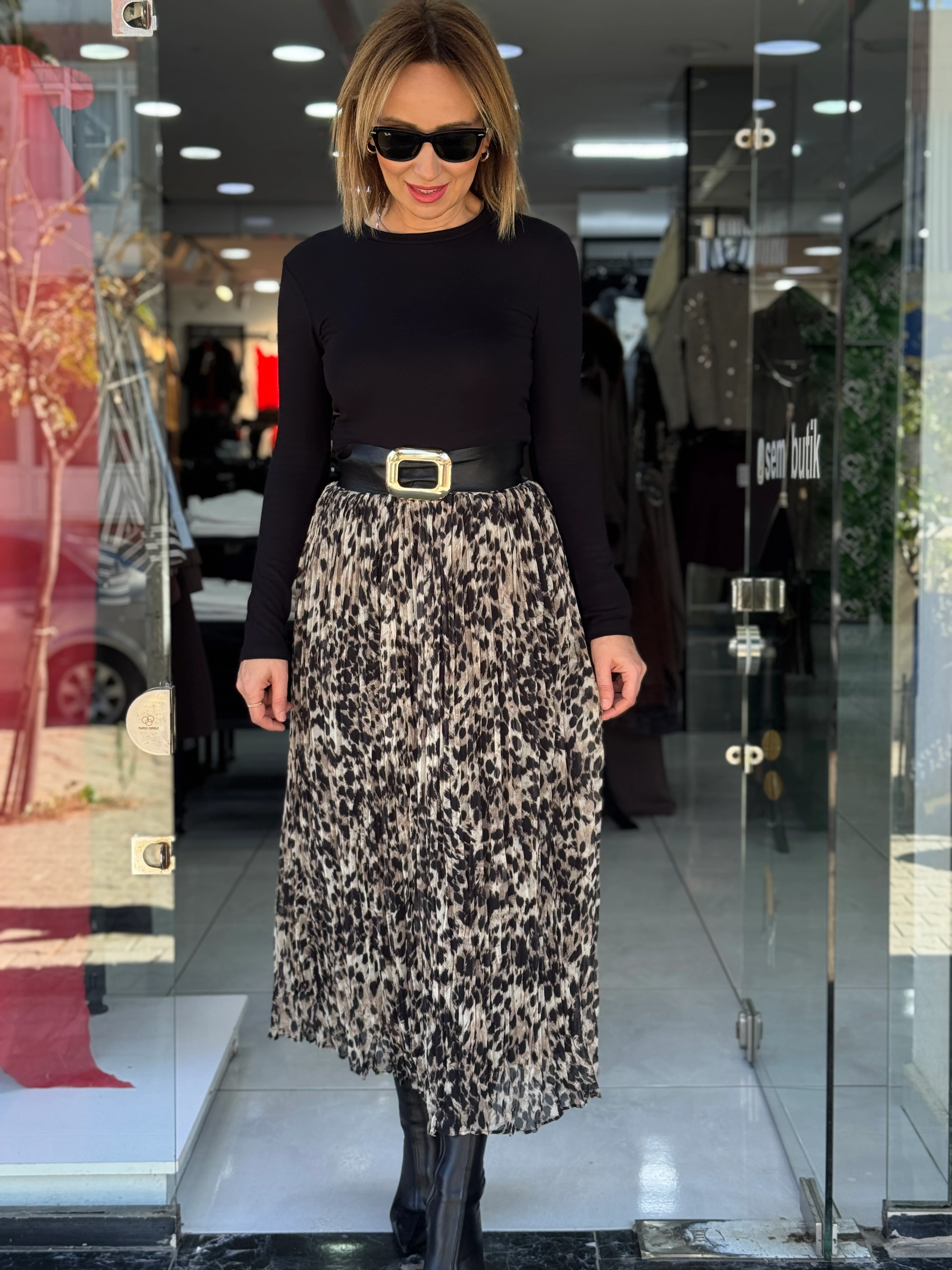 Leopar Desen Kraşlı Etek