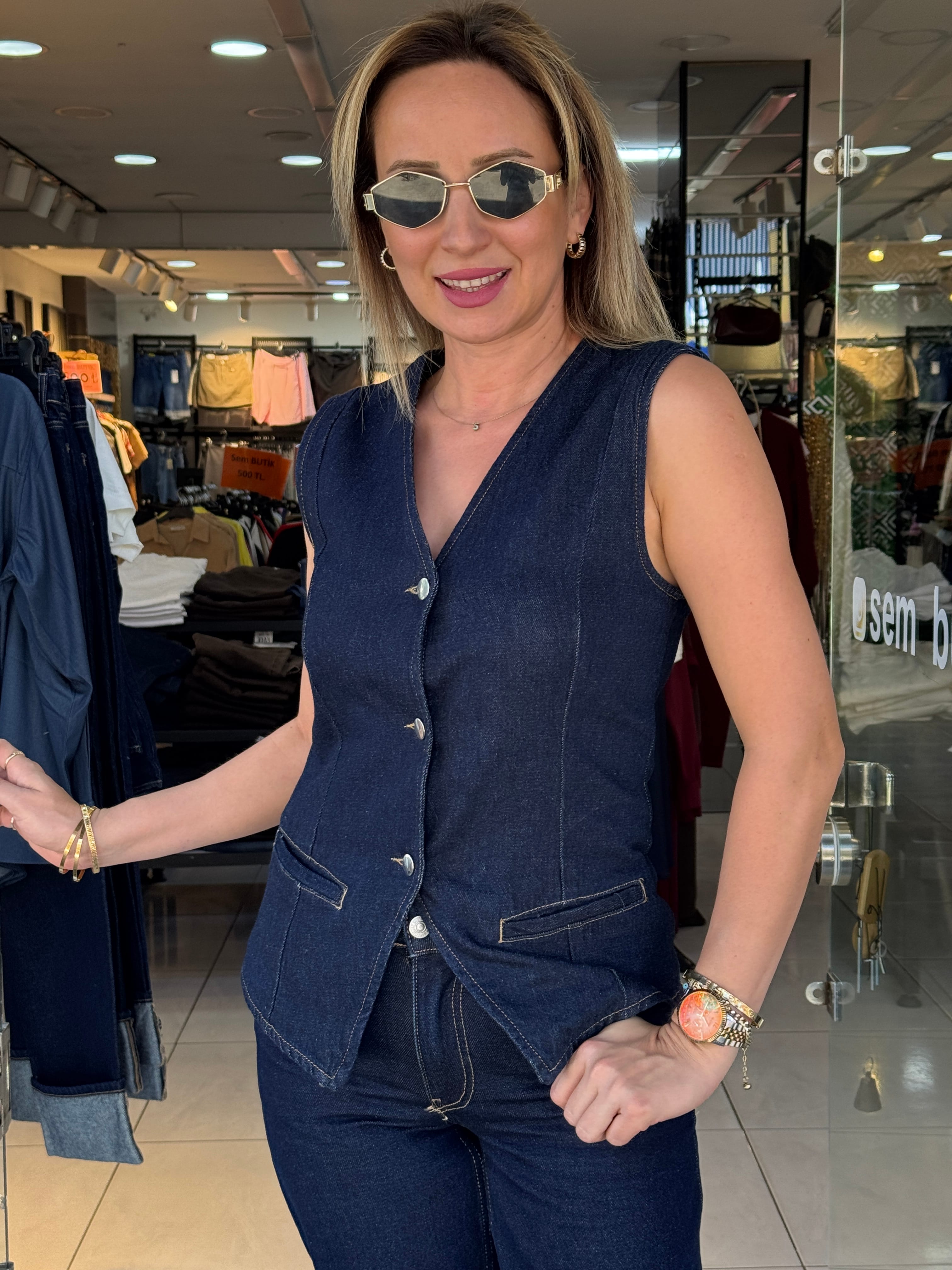 Ön Düğmeli Denim Yelek