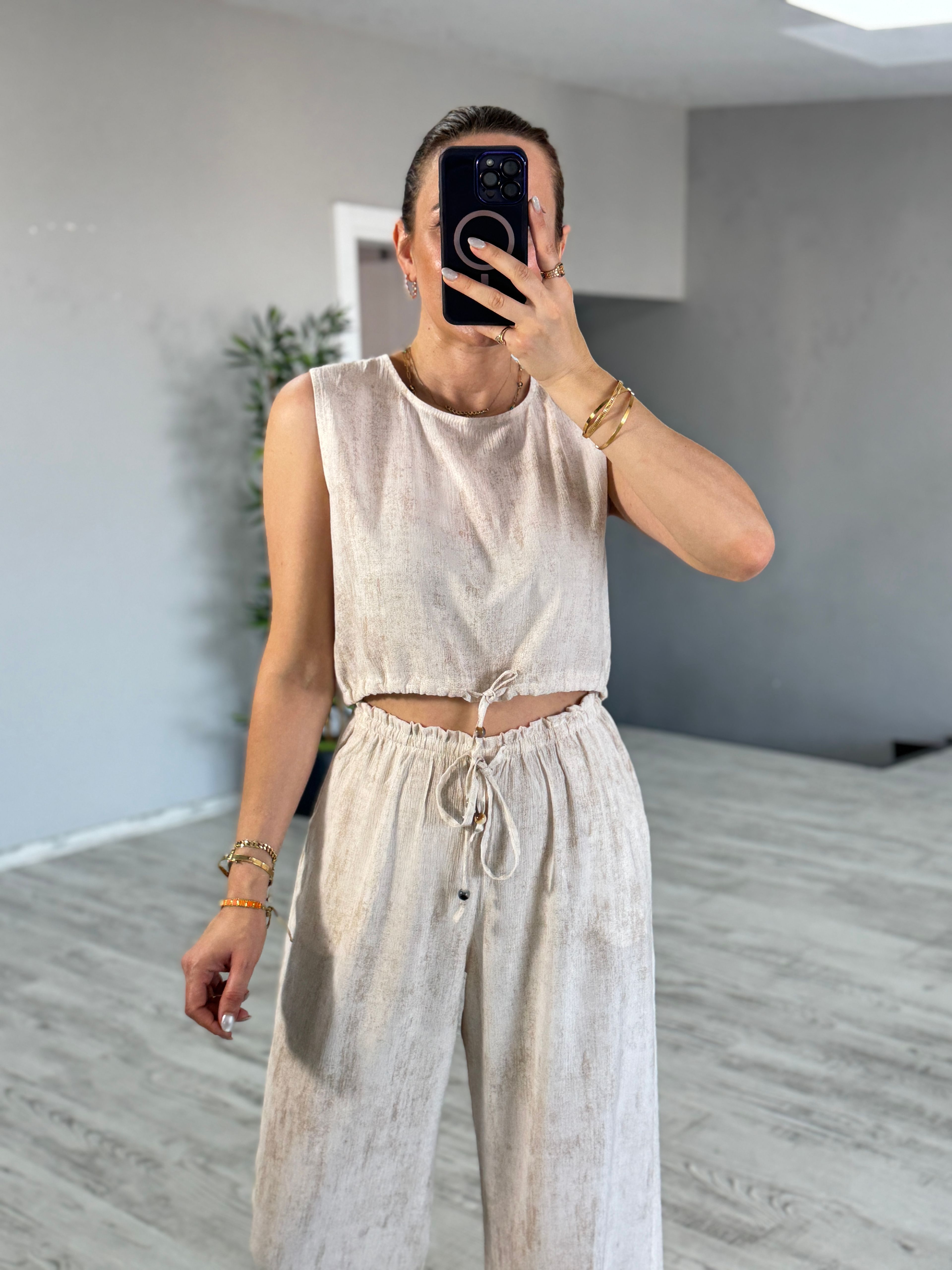 Natural Boncuklu Bluz Pantolon Takım