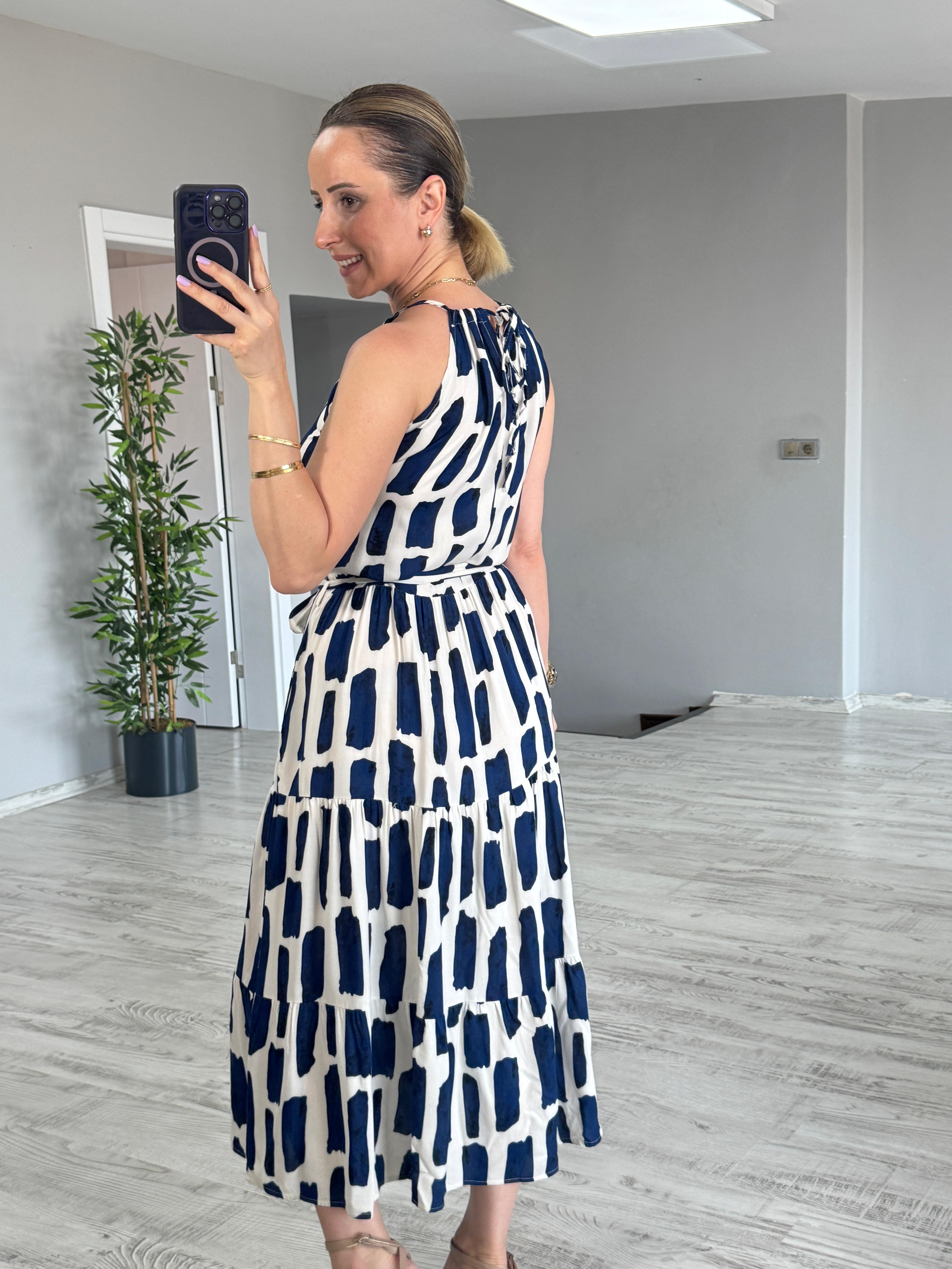 Halter Yaka Desenli Elbise