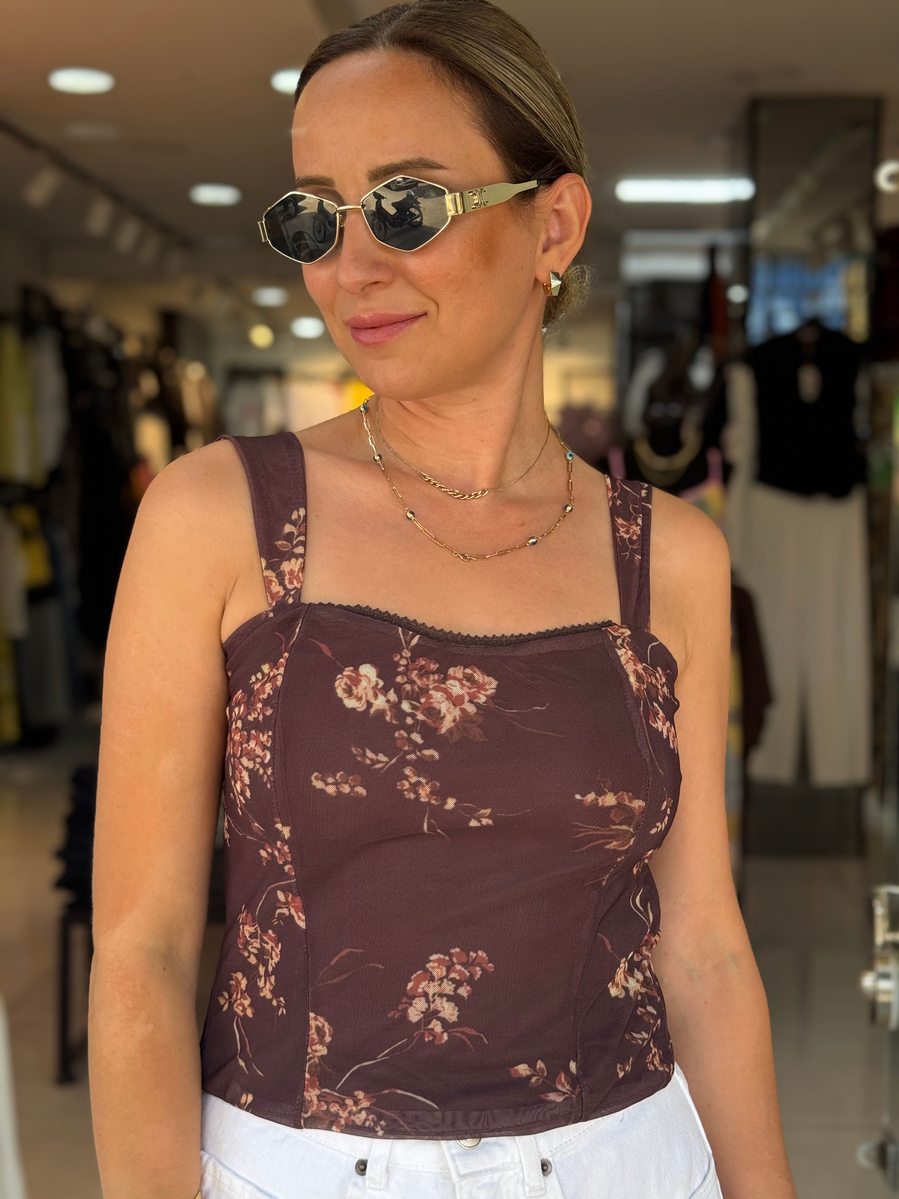 Desenli Kahve Tül Bluz