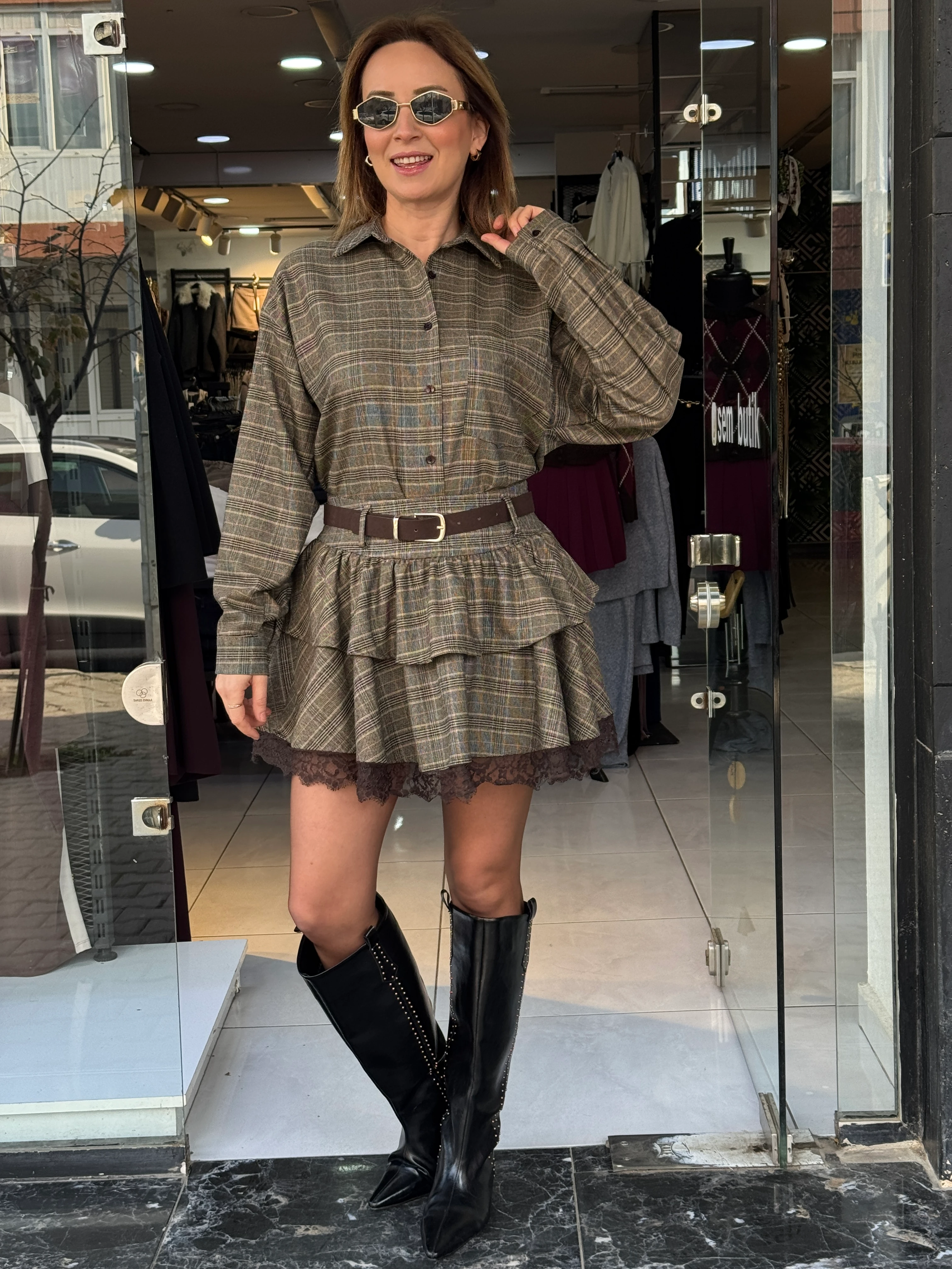 Kemerli Etekli Gömlek Takım