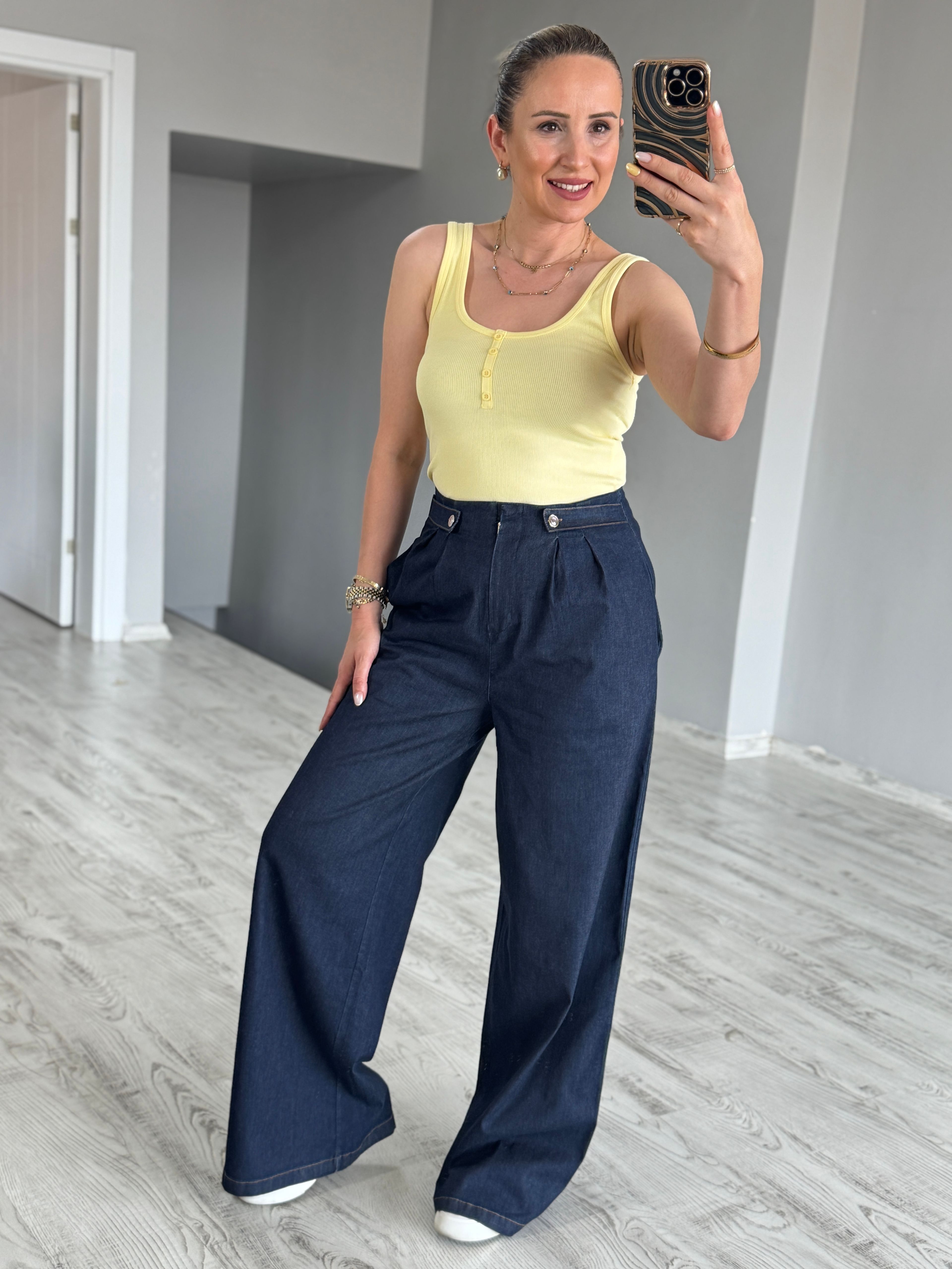 Lacivert Bel Düğmeli Jean