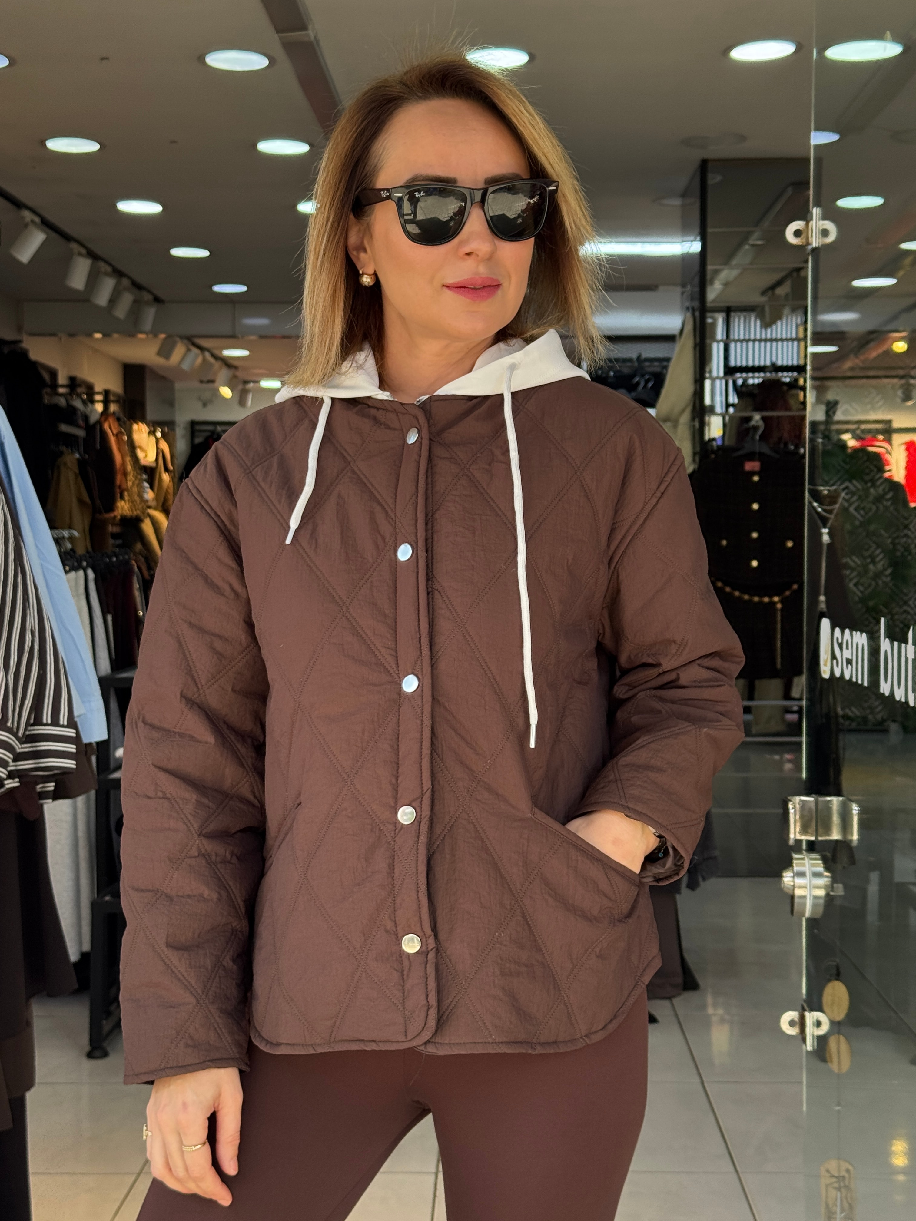 Kapitone Kapüşonlu Mont - Kahve