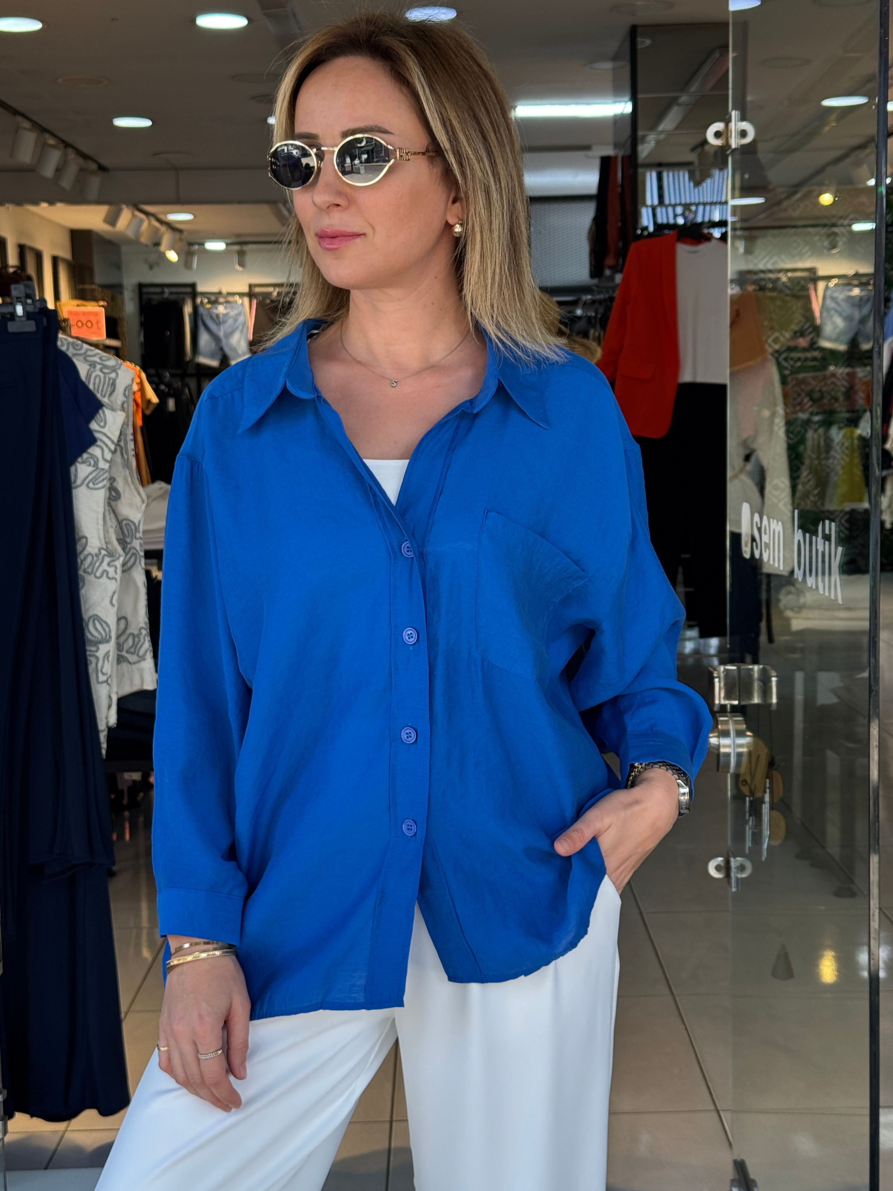 Dökümlü Tek Cepli Gömlek - Saks Mavi