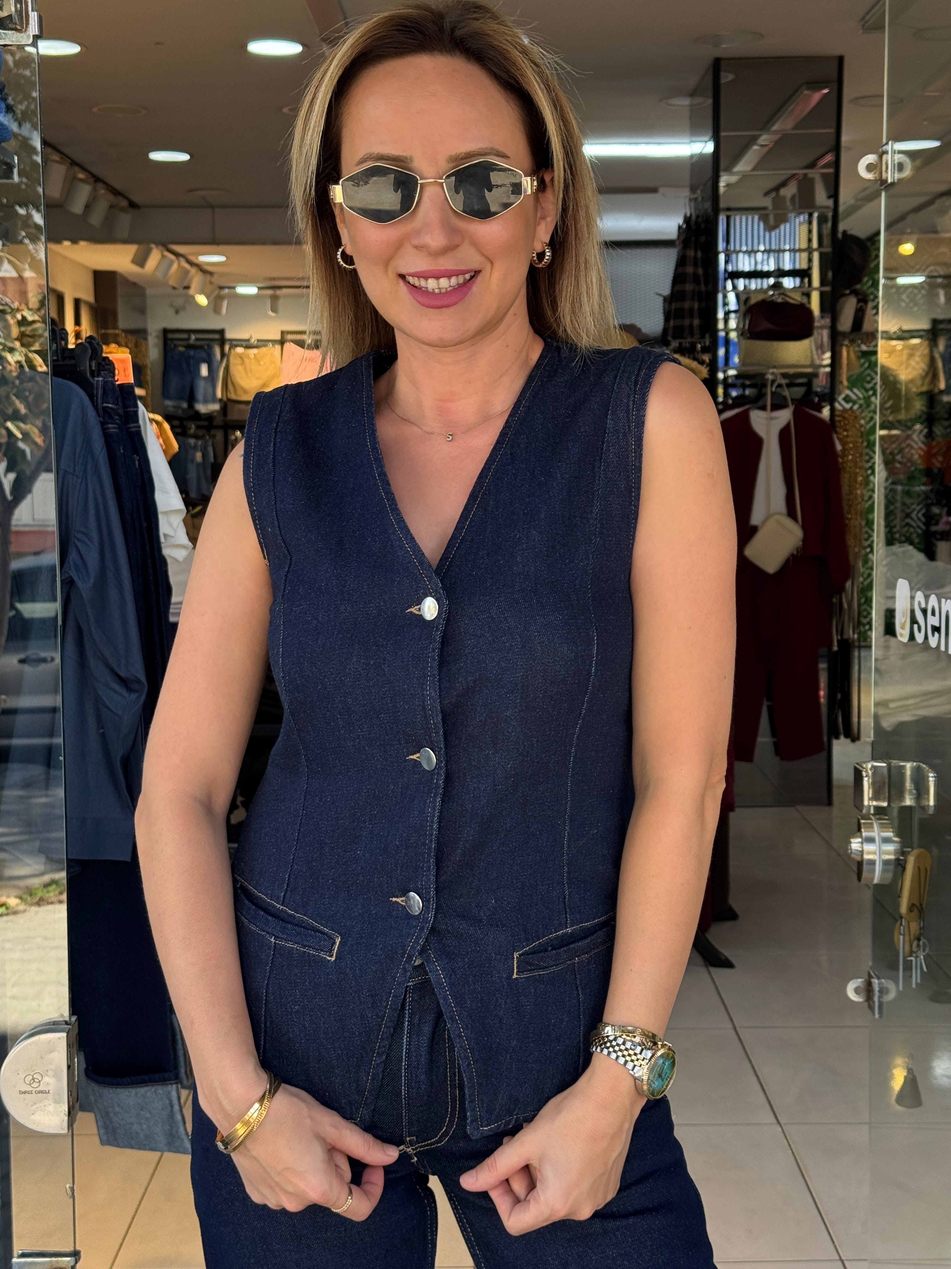 Ön Düğmeli Denim Yelek