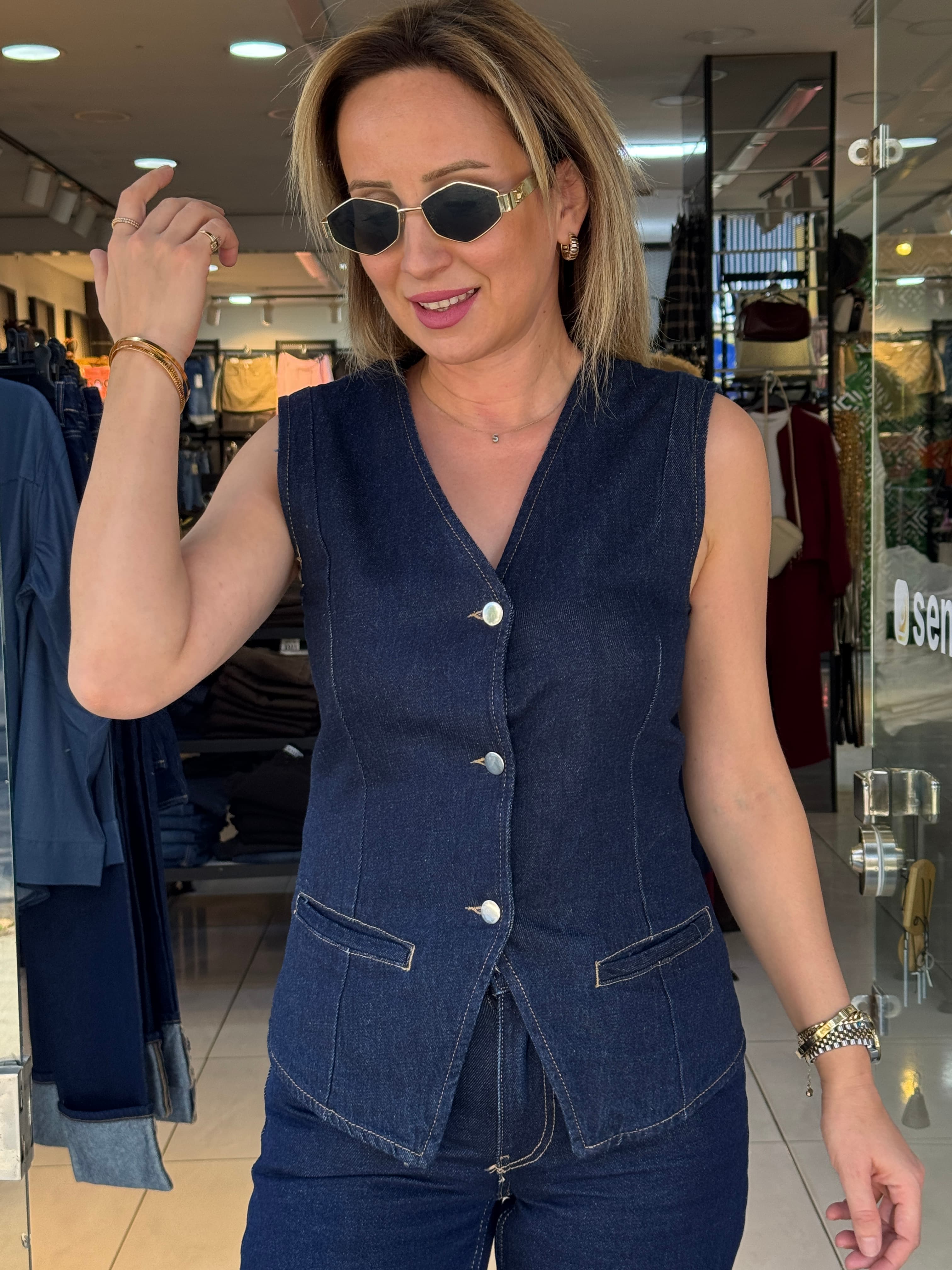 Ön Düğmeli Denim Yelek