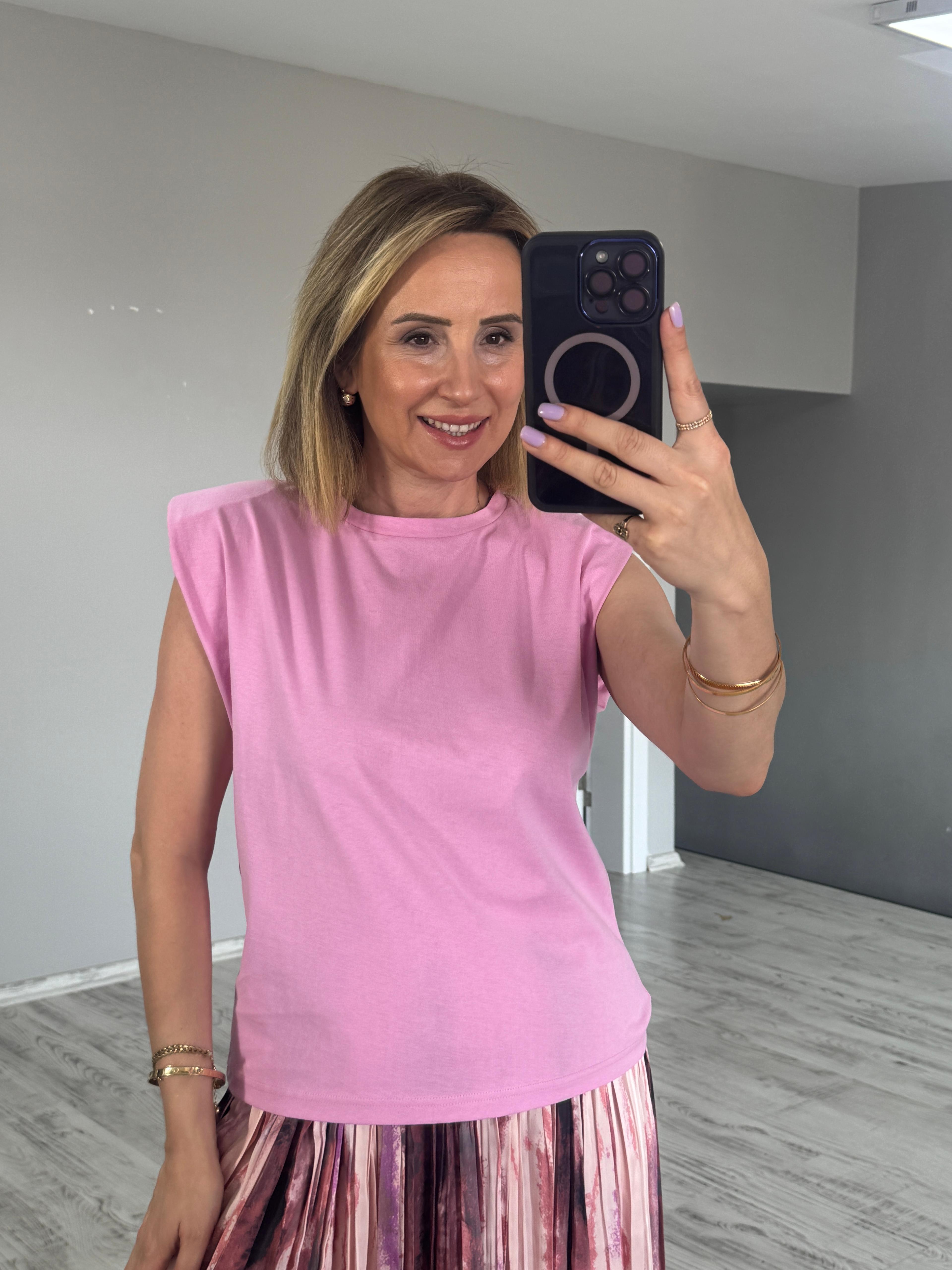 Vatkalı Kolsuz Tshirt - Pembe