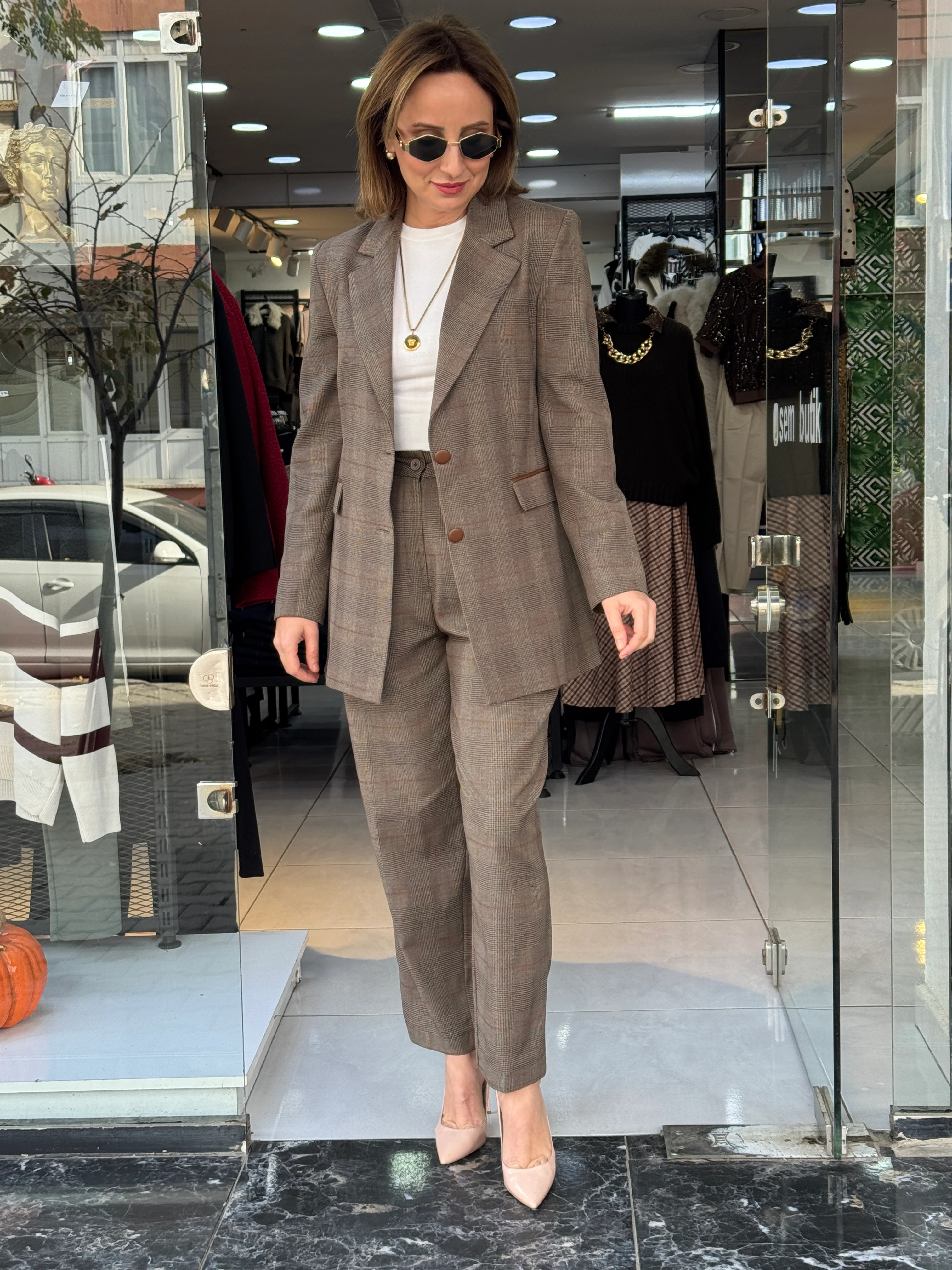 Ekose Blazer Ceketli Takım