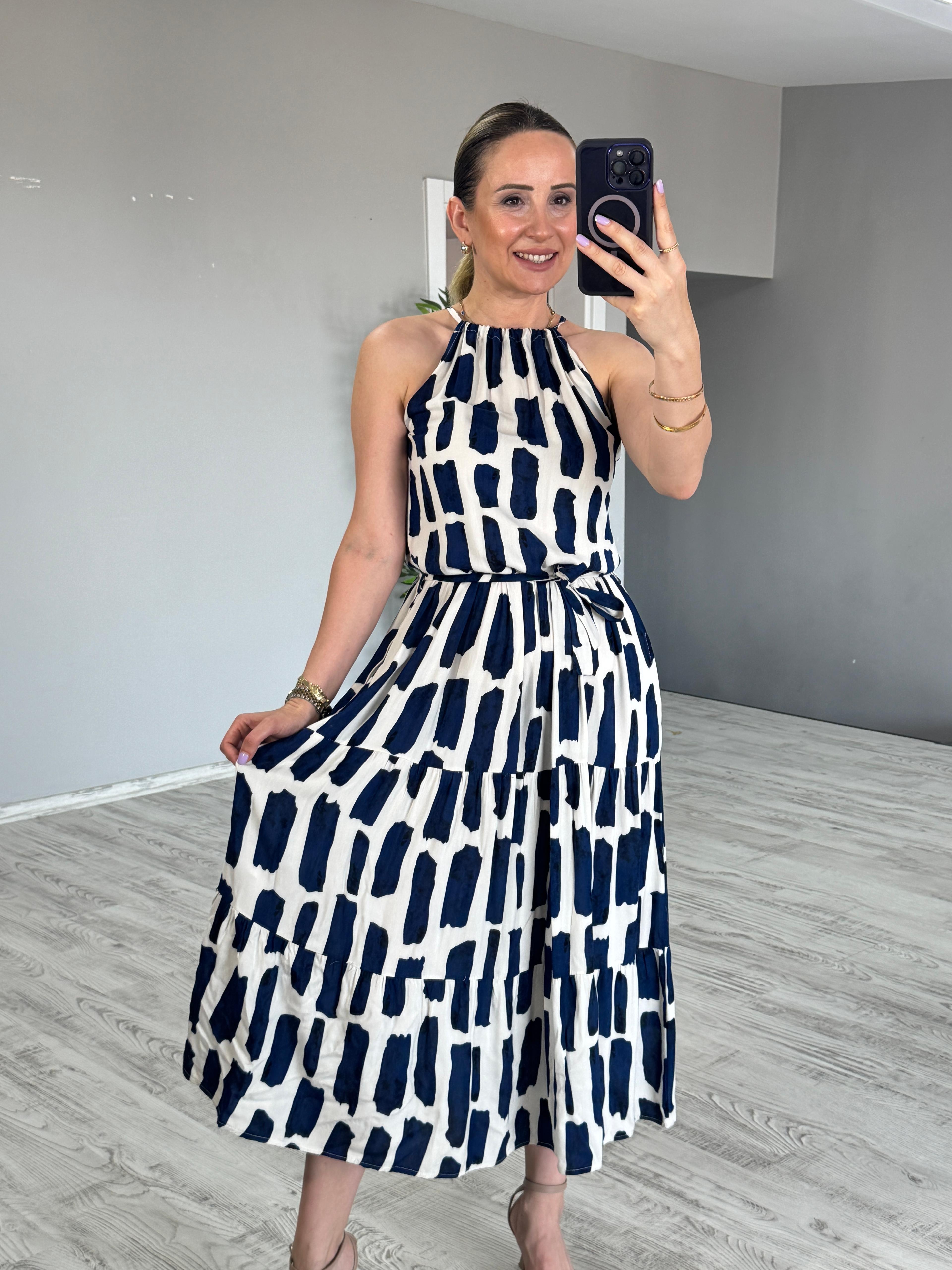 Halter Yaka Desenli Elbise