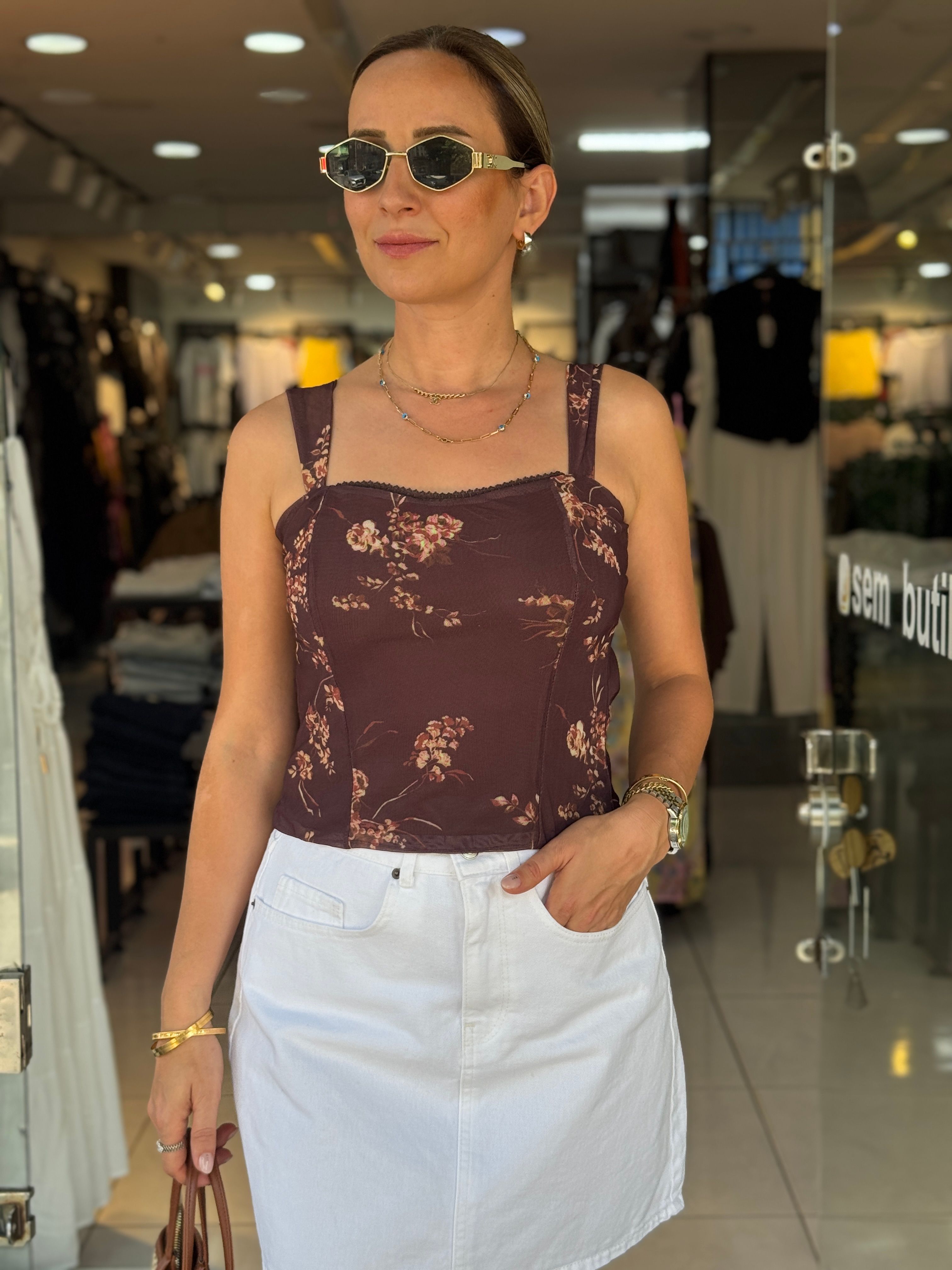 Desenli Kahve Tül Bluz