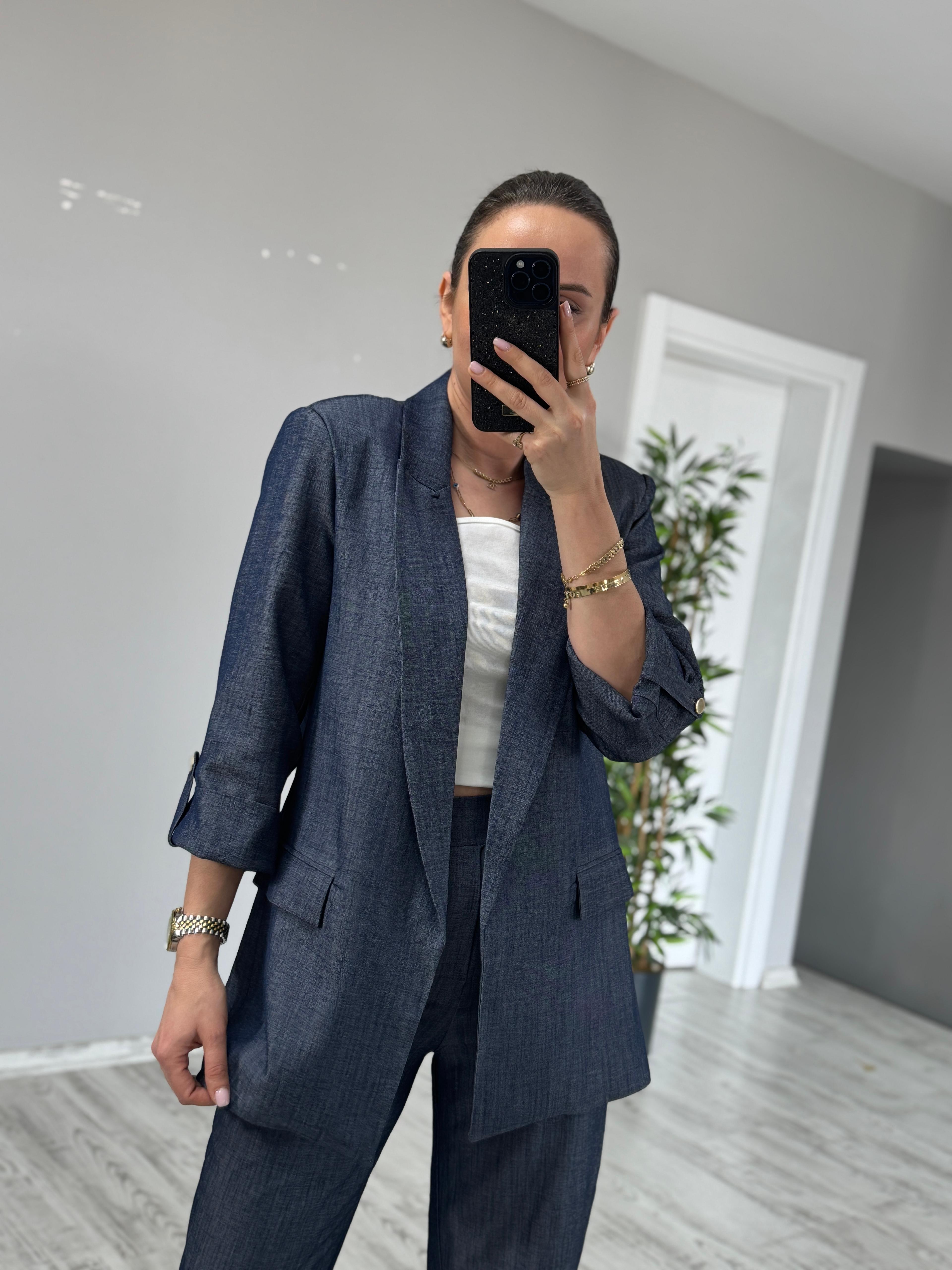 Lacivert Kolu Apoletli Blazer