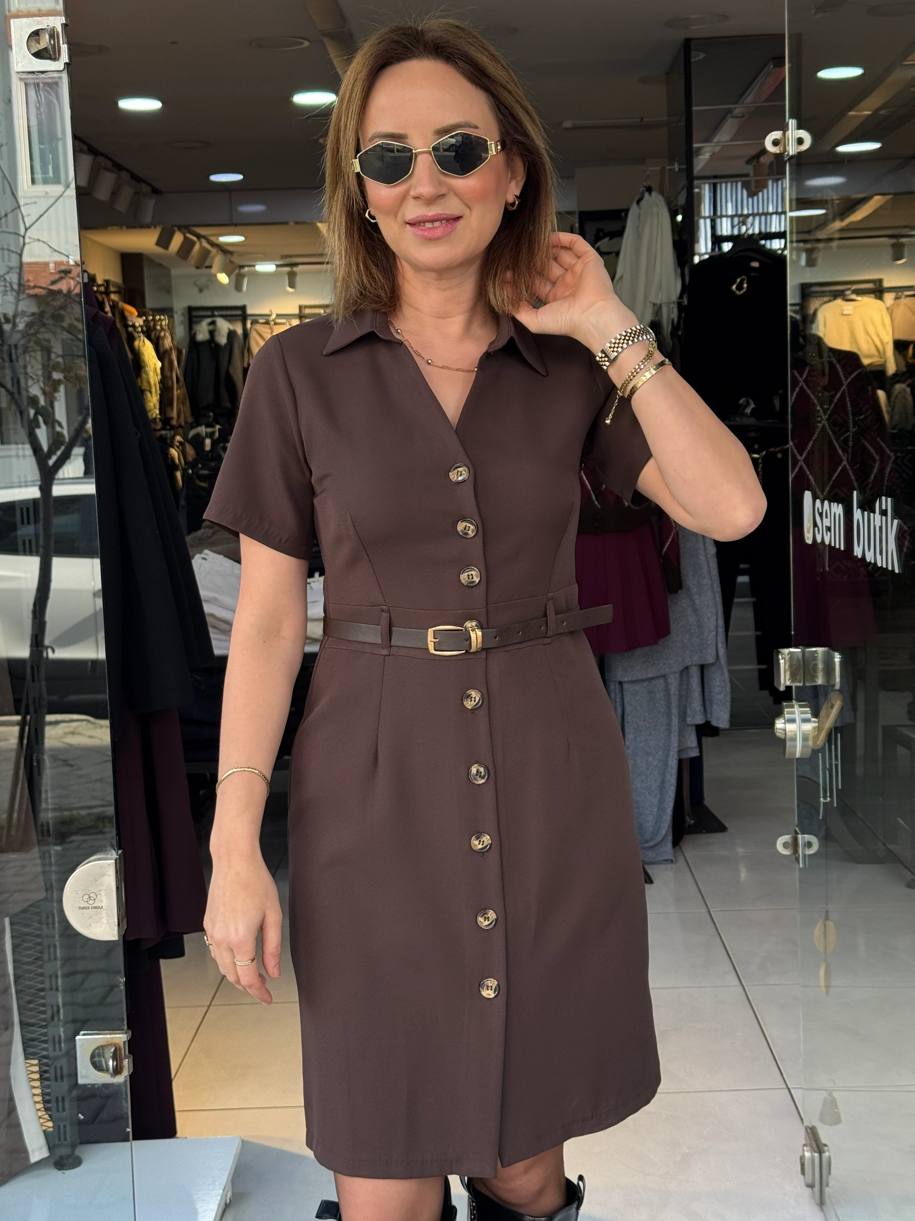 Kemerli Kahve Elbise