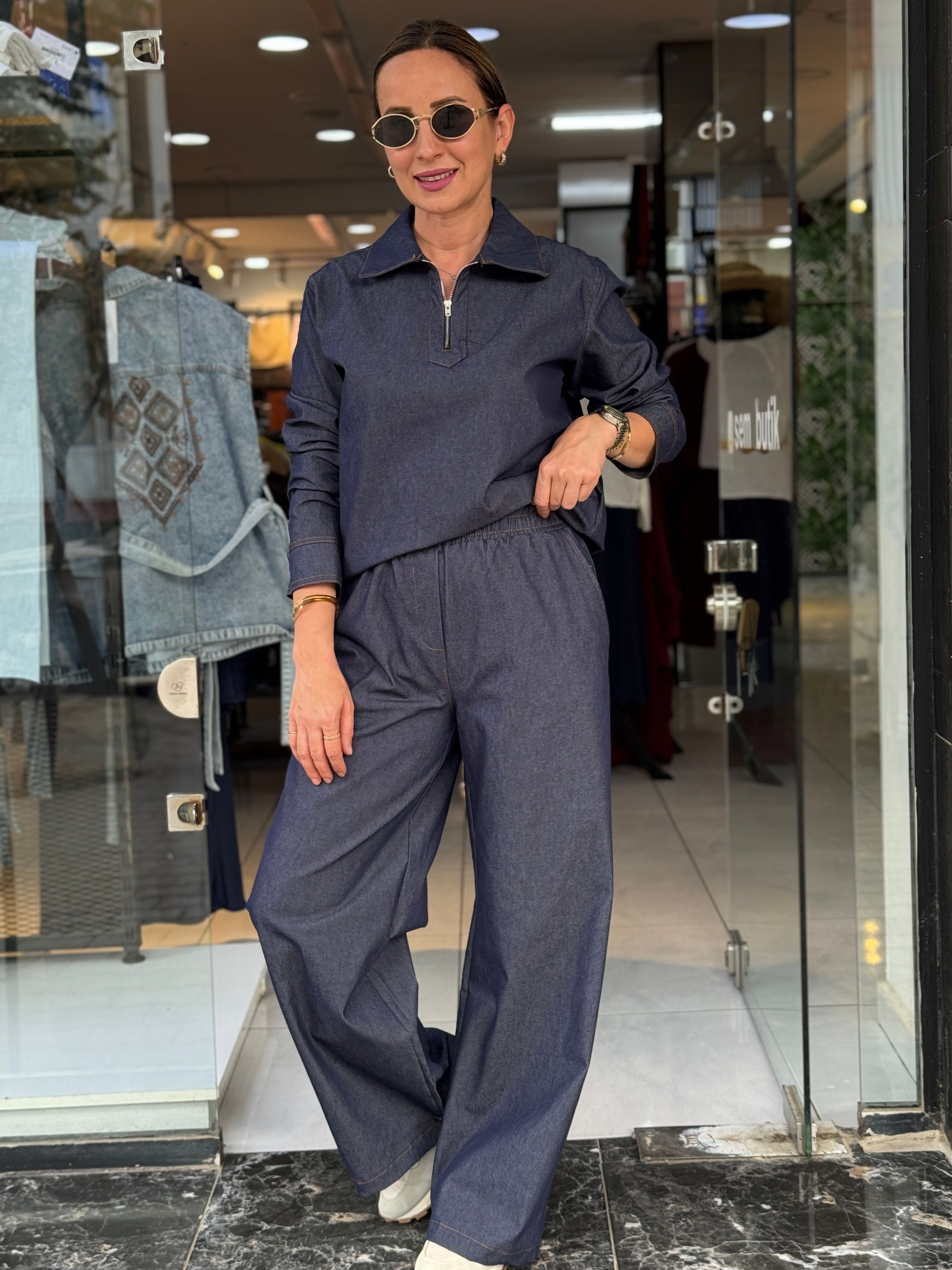 Yaka Fermuarlı Denim Takım