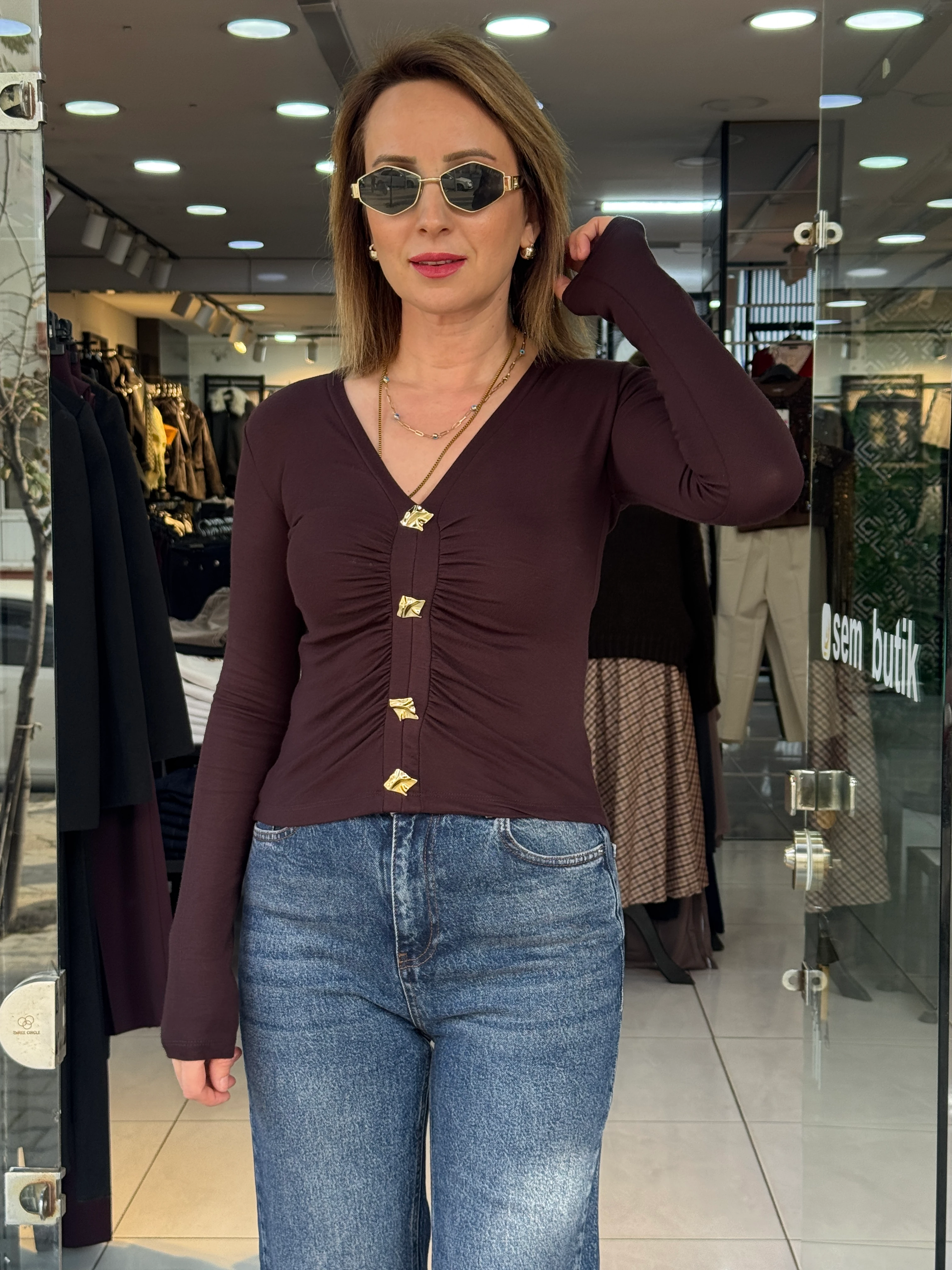 V Yaka Gold Detaylı Bluz