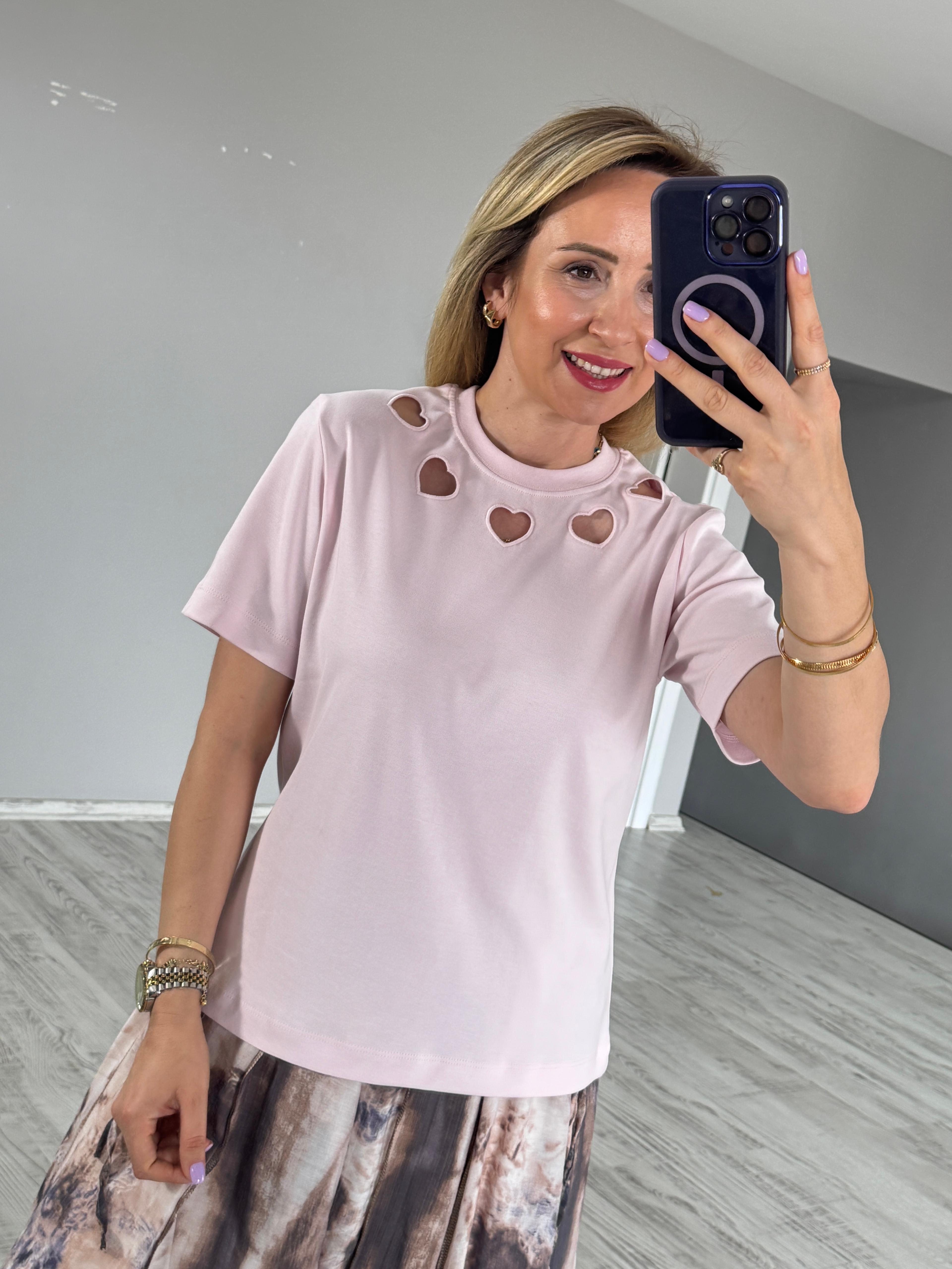 Kalp Nakışlı Tshirt - toz pembe