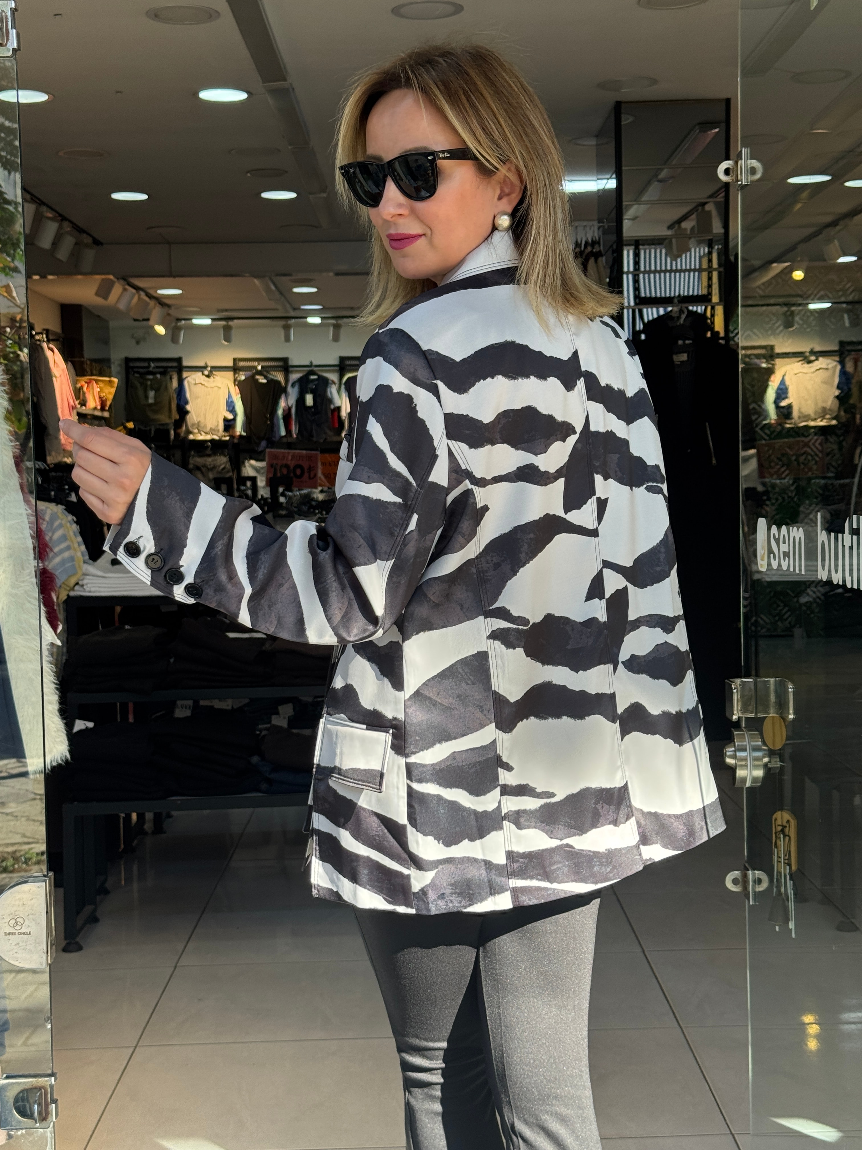 Zebra Desen Saten Blazer